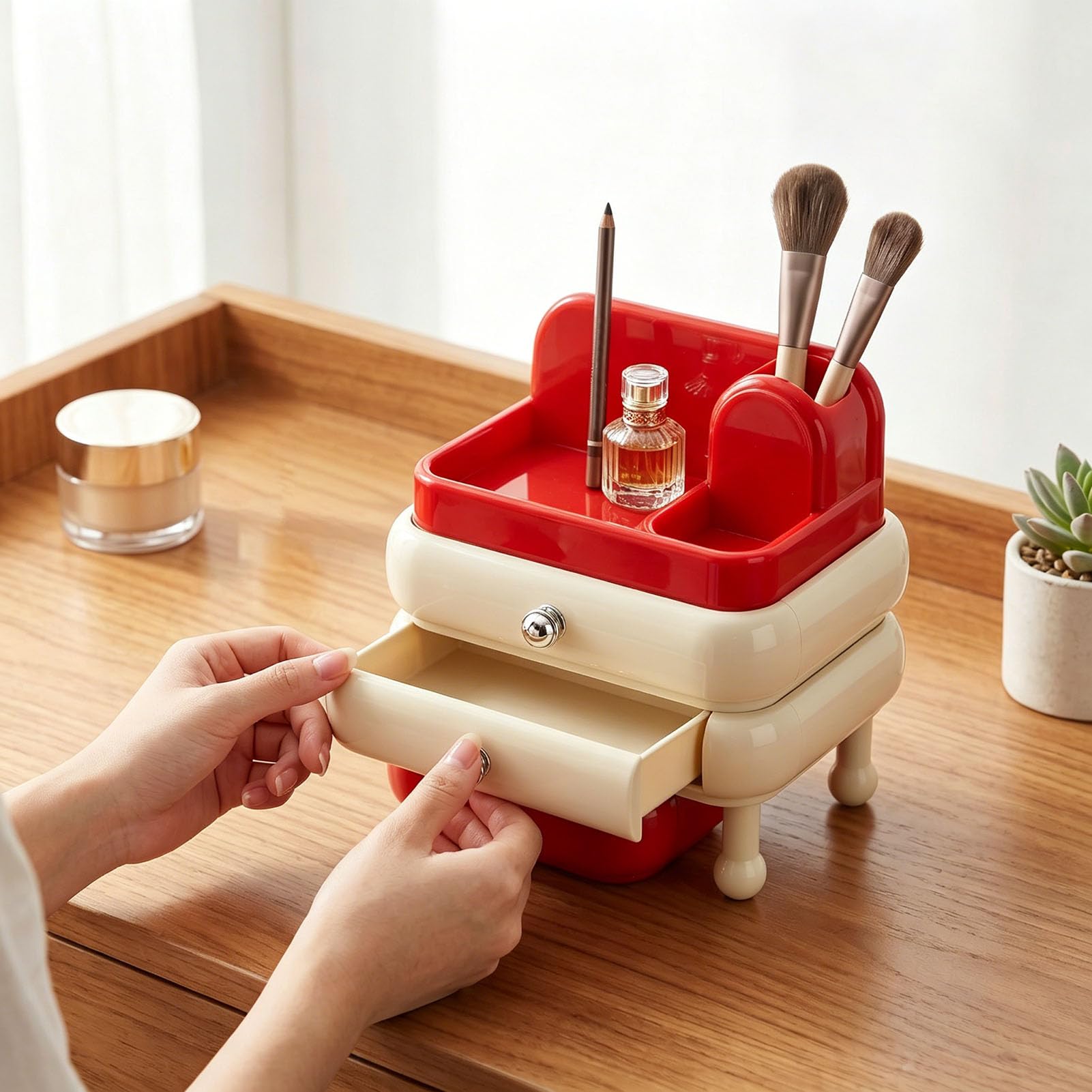 Organizador de Cosméticos Elegante Caja de Almacenamiento de Escritorio con 3 Cajones para Brochas de Maquillaje y Cuidado de la Piel - Elegante Diseño ABS (Roja)