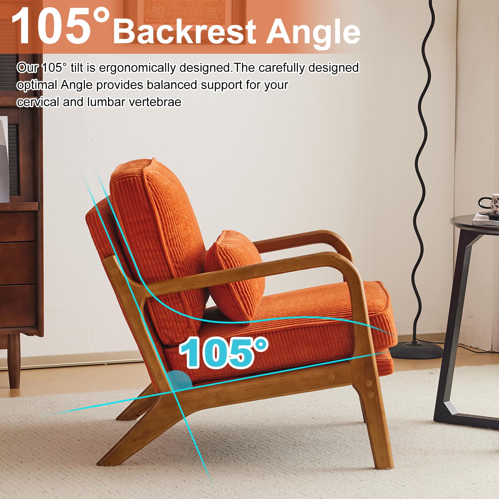 Bonnlo Sillón Butaca Individual de Salón, Estilo Nórdico Retro, Tapizado de Pana Acanalada Suave, Estructura de Madera Maciza, Cojín Incluido, 65×80×78 cm, Carga Máxima 150 kg (Naranja)