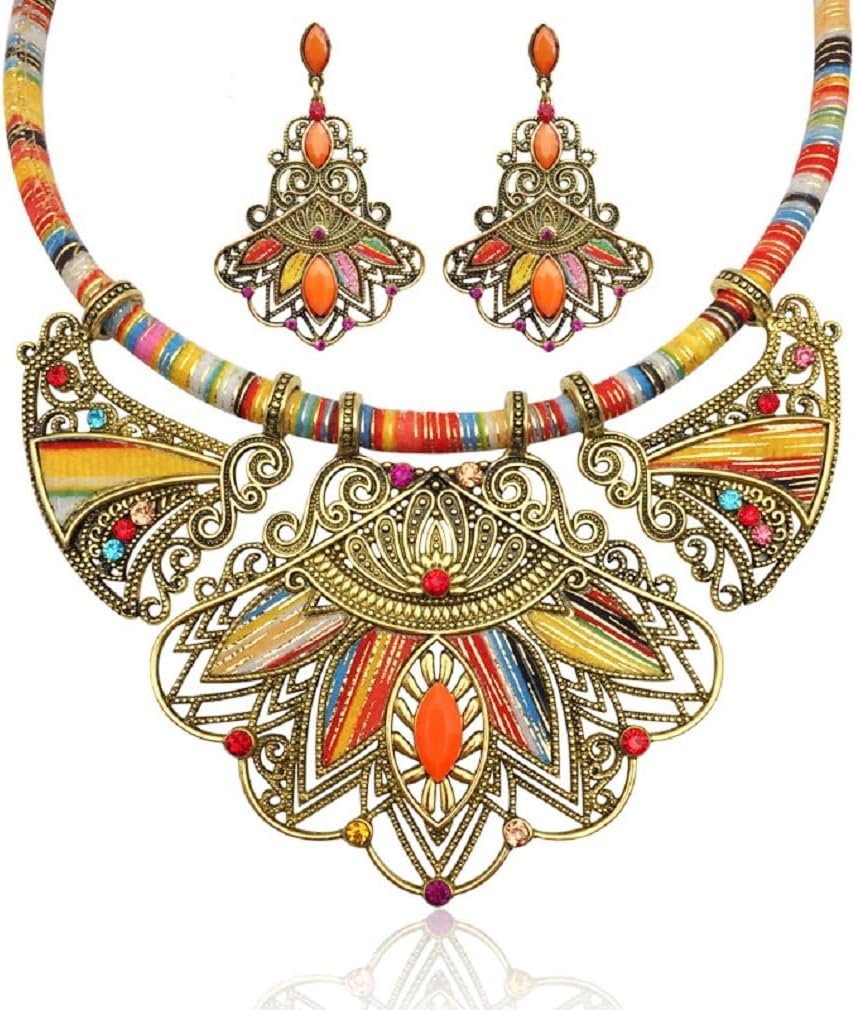 Women's Bohemian Necklace Earrings Tribal Novelty Jewelry Set Chunky Chain Bib Statement Multicolour Rainbow Beads Statement Necklace