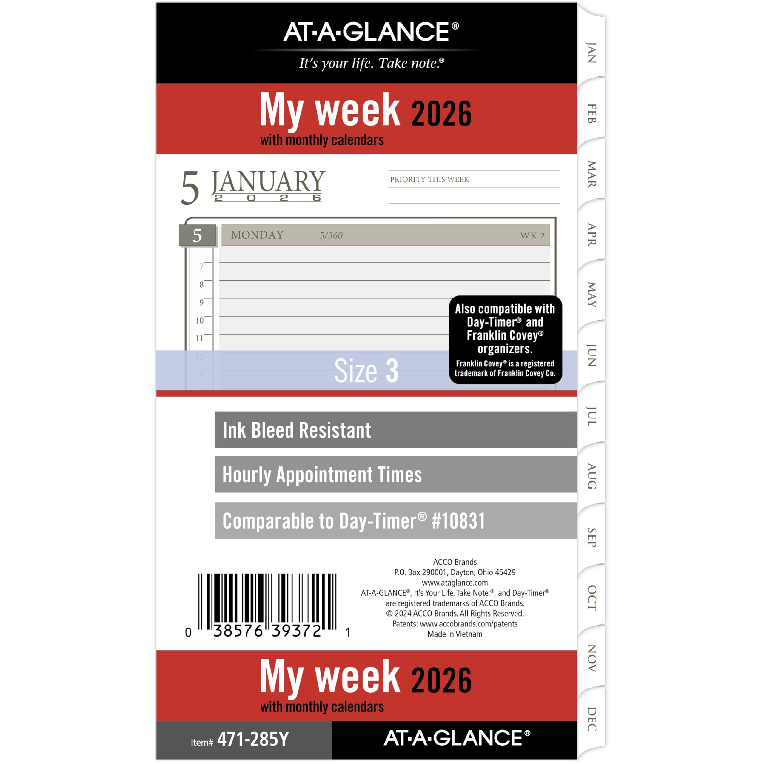 AT-A-GLANCE Wkład do planera 2026, tygodniowy i miesięczny, 9,5 cm x 17,1 cm, przenośny rozmiar 3, luźny liść (471-285Y-26)
