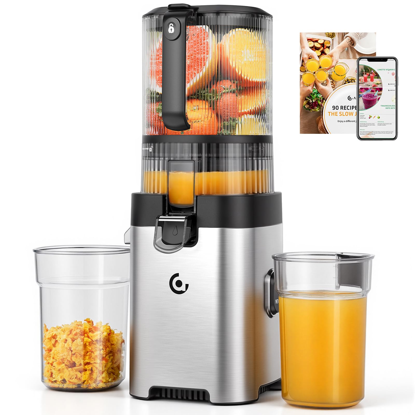 AMZCHEF Estrattore di Succo a Freddo, 158 mm Bocca Larga per Frutta e Verdura Intera, 2.5 L, Facile da Pulire, 2 Filtri per Succo e Gelato, per Famiglie, Genitori e Colazione