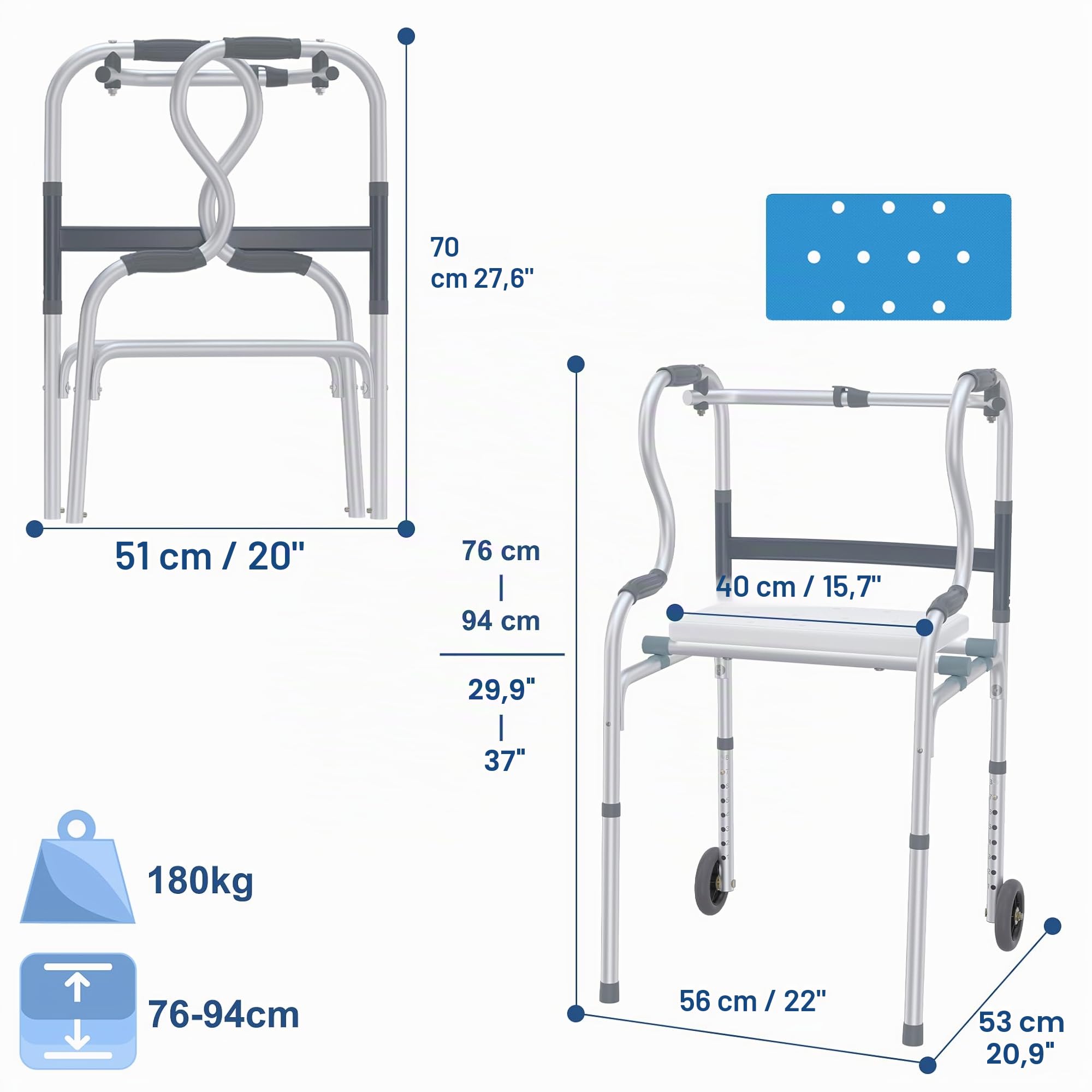 Aufun Gehhilfe für Senioren Leichter Aluminium Rollator, Höhenverstellbarer Gehwagen mit 2 Lenkrollen & Ergonomischen Griffen, Rutschfeste Stabilität, Schmaler Wohnungs-Rollator als Stehhilfe