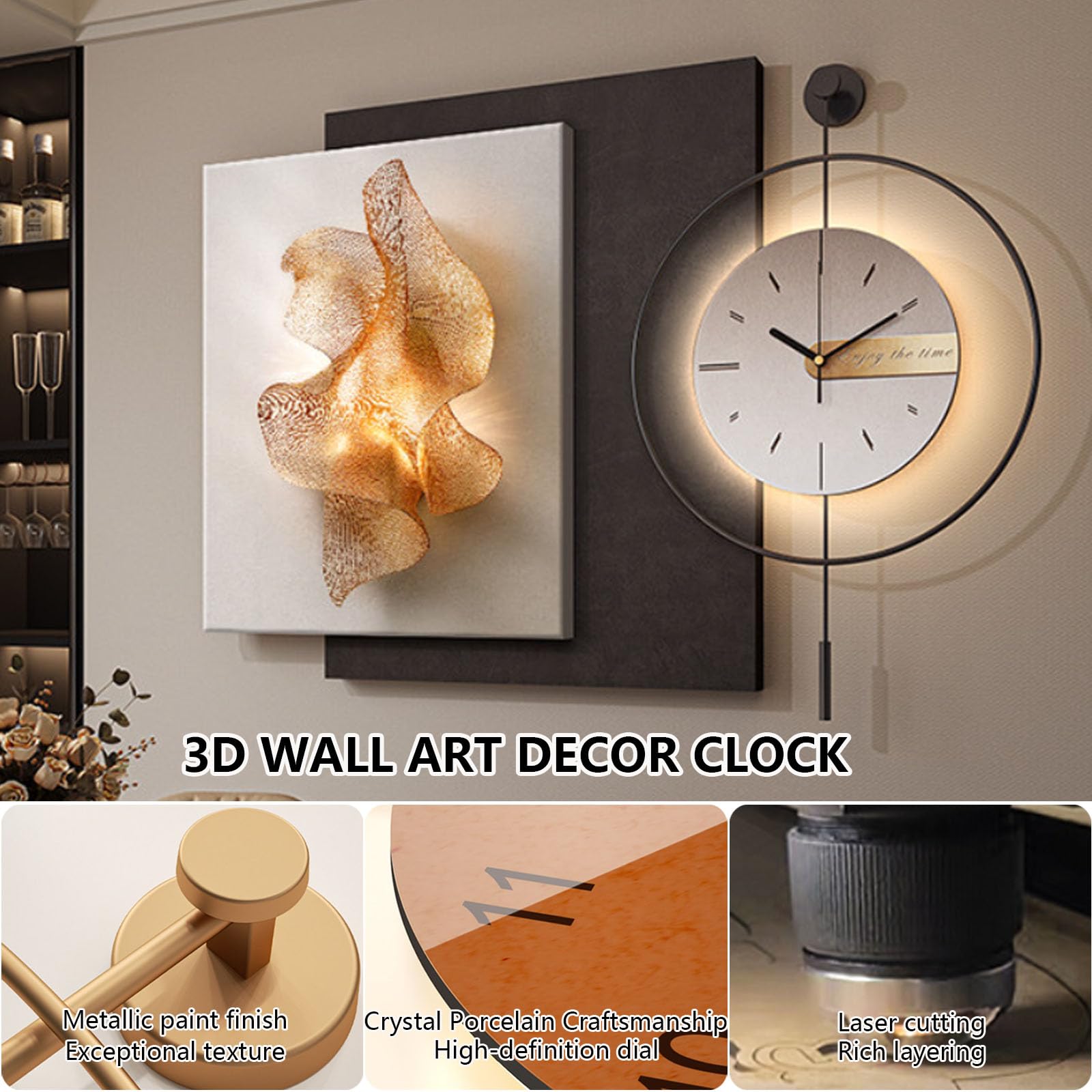 Cuadro Decorativo En 3d Arenisca Con Reloj Pared Reloj Pared Moderno Tira Luces Led Mecanismo Silencioso Ideal para Salones Dormitorios Y Pasillos StyleA 60x60cm/23.6x23.6in