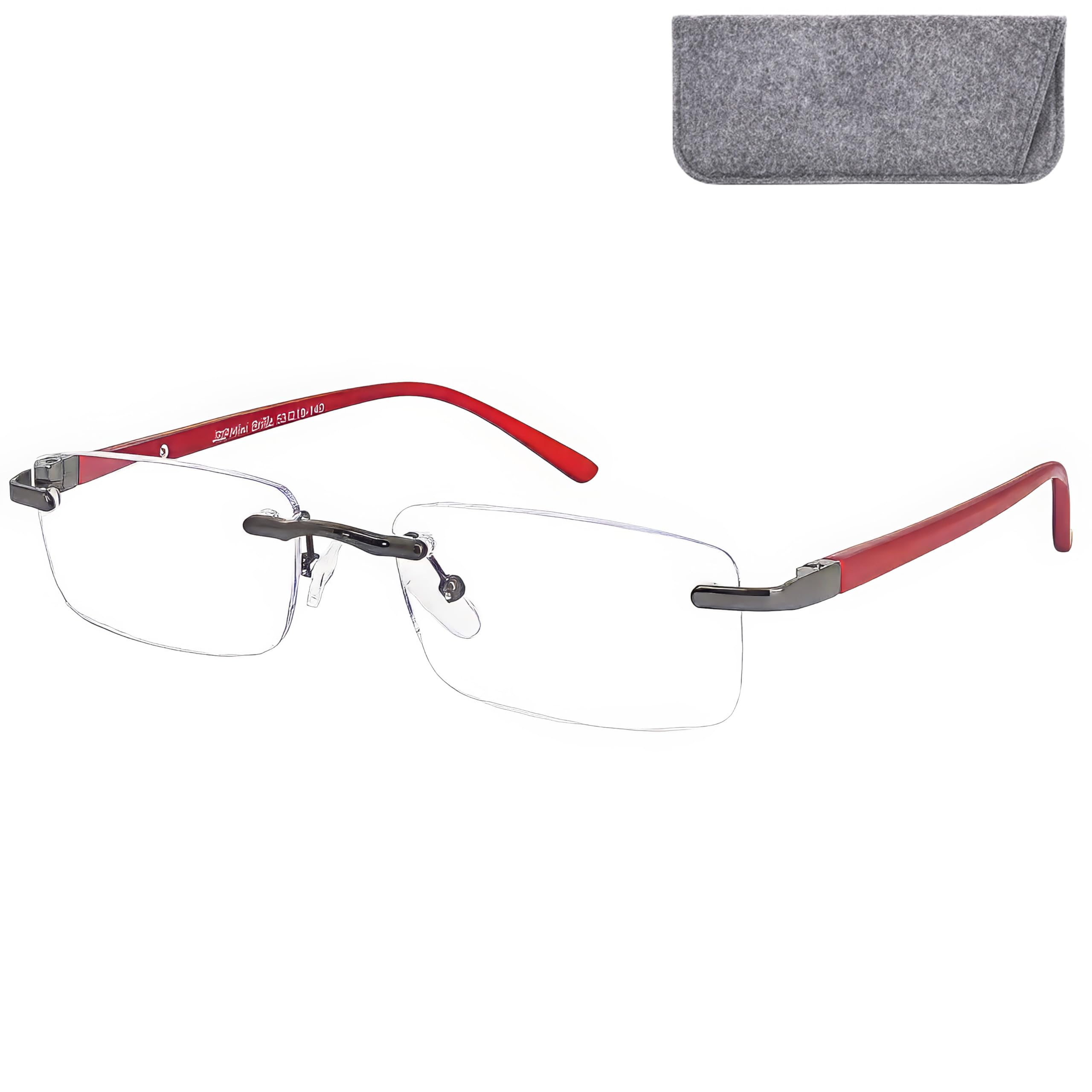 Mini Brille Men's Red - Rimless Reading Glasses With Rectangle Lenses, Including Free Case, Stainless Steel Frame (Red), Wo And Reading Glasses +1.50 Magnification