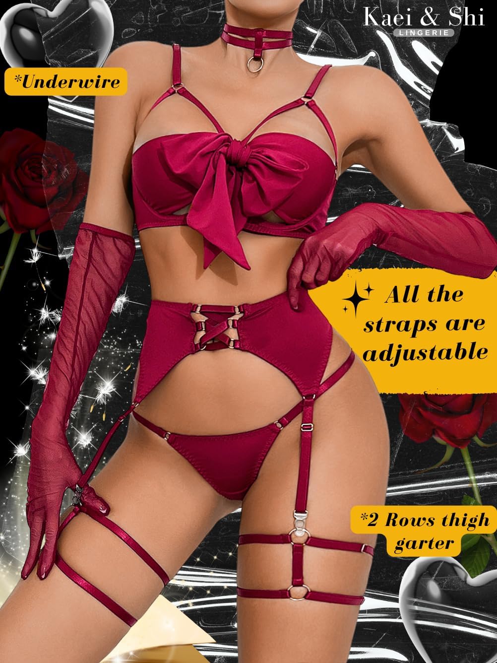 Kaei&Shi Sexy Bow Lingerie for Women,Unwrap Present Bra And Panty Set,Strappy Garter Lingeries Xmas Valentines Birthday Gift