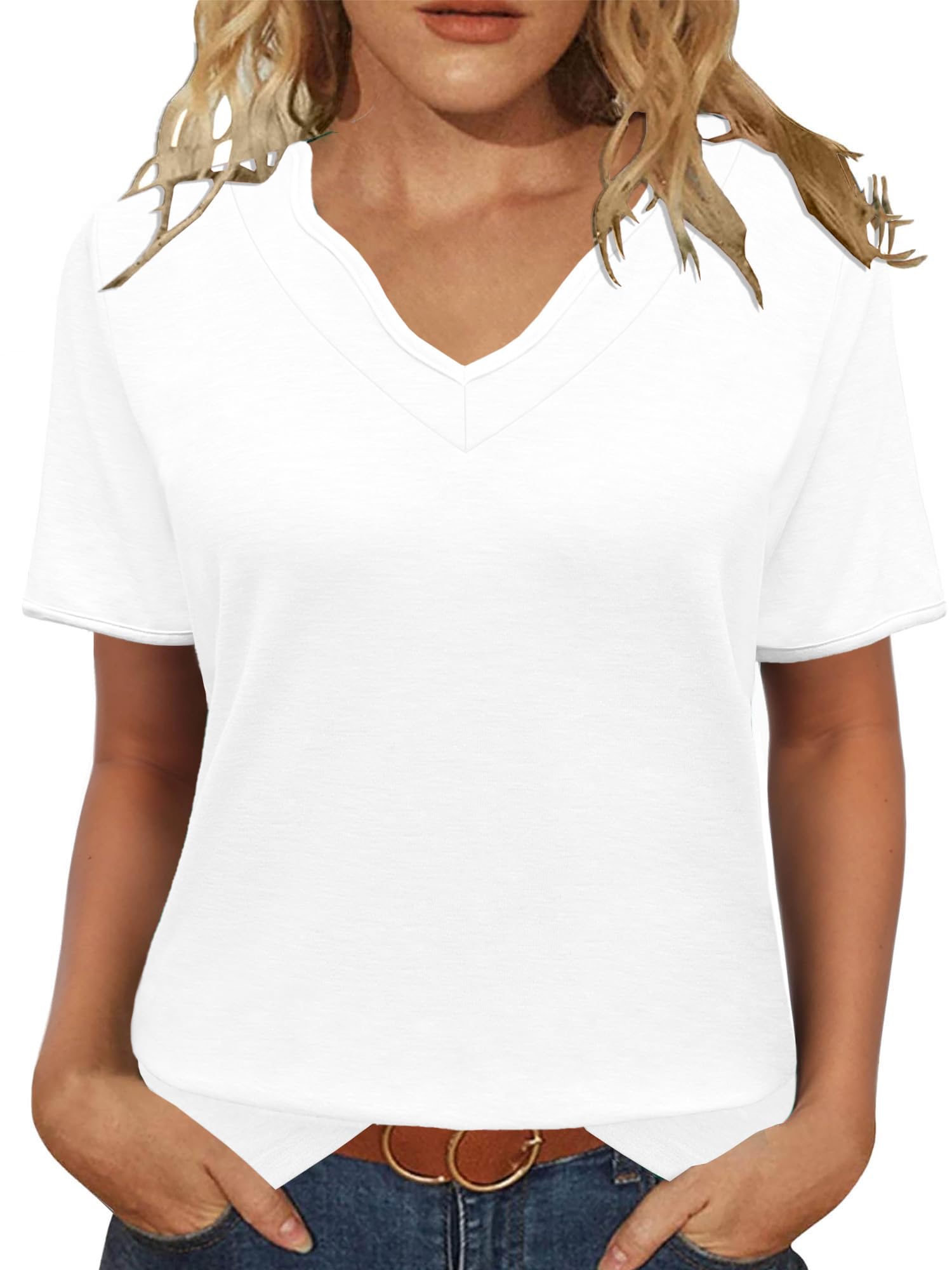 JomeDesign Womens Summer Tops Short Sleeve Color Block V Neck Shirts Loose Fit Casual Blouses