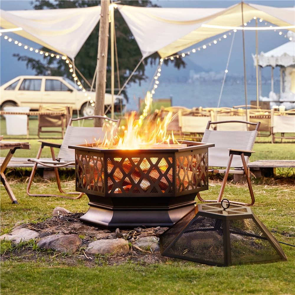 Yaheetech Brasero Exterior Leña Brasero Jardin Hexagonal Estufas para Terrazas Chimenea Portátil Grande 61x61x62cm Negro