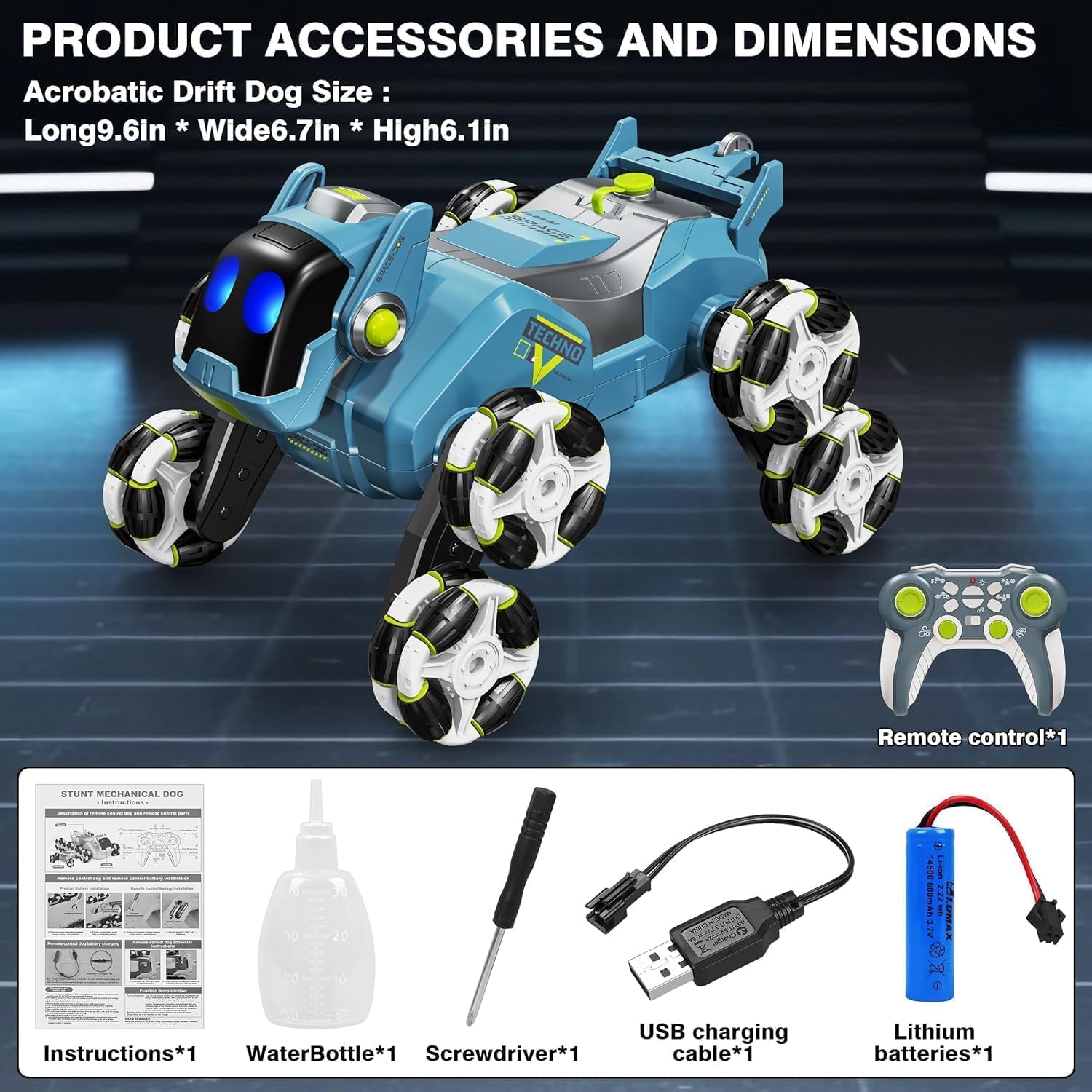 Teksbar 8-Wheel RC Stunt Robot Dog — 2.4GHz Remote Control Pet Dog Toy with Drift Wheels, 360° Spins, LED Eyes, Cool Smoke Effect & Rechargeable Battery — Interactive Robotic Puppy for Kids 3