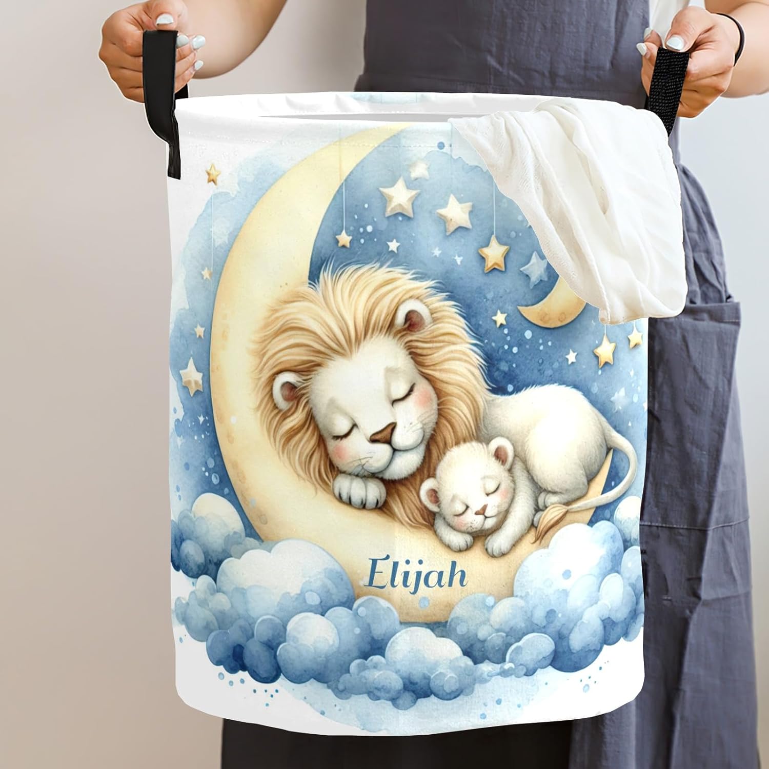Lion Blue Safari Animal Moon Laundry Hamper, Personalized Name Waterproof Laundry Basket with Name, Customized Clothes Storage Organizer Gift for Boys Girls Room, Bedroom, Bathroom