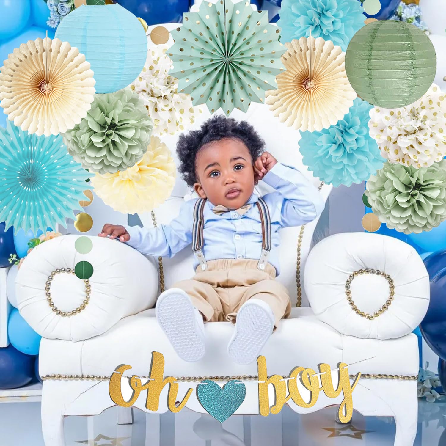 Sage Green & Blue Baby Shower Decorations Kit - Paper Fans, Pom Poms, Lanterns & Banner For Boy Theme