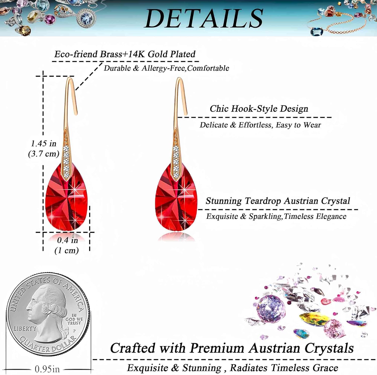 Austrian Crystal Teardrop Dangle Earrings for Women Drop Hook Earring 14K Rose Gold Plated Hypoallergenic Jewelry - Image 4