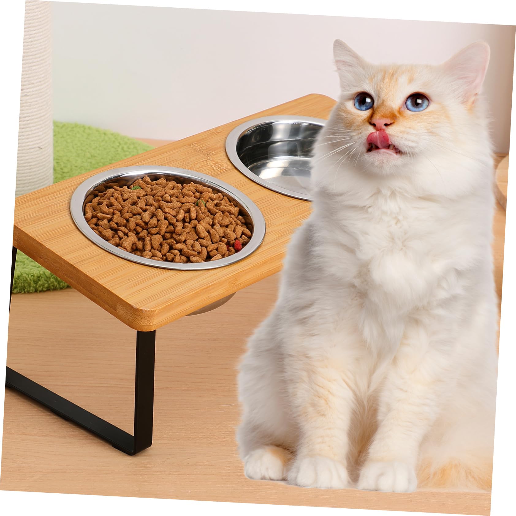 Ciotole Gatto Rialzate con Supporto, Doppie, Acciaio Inox | Gatti e Cani Piccoli, Uso Interno, Base Antiscivolo in Legno, Design Elegante