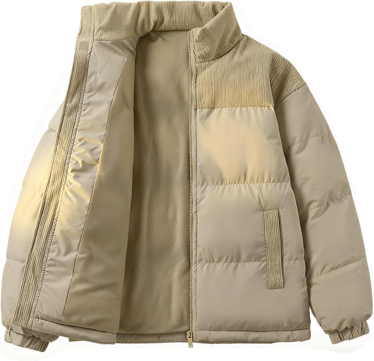 Women's Corduroy Winter Coat Stylish Block Color Oversized Puffer Jacket Stand Collar Warm Cozy Couple Outerwear
