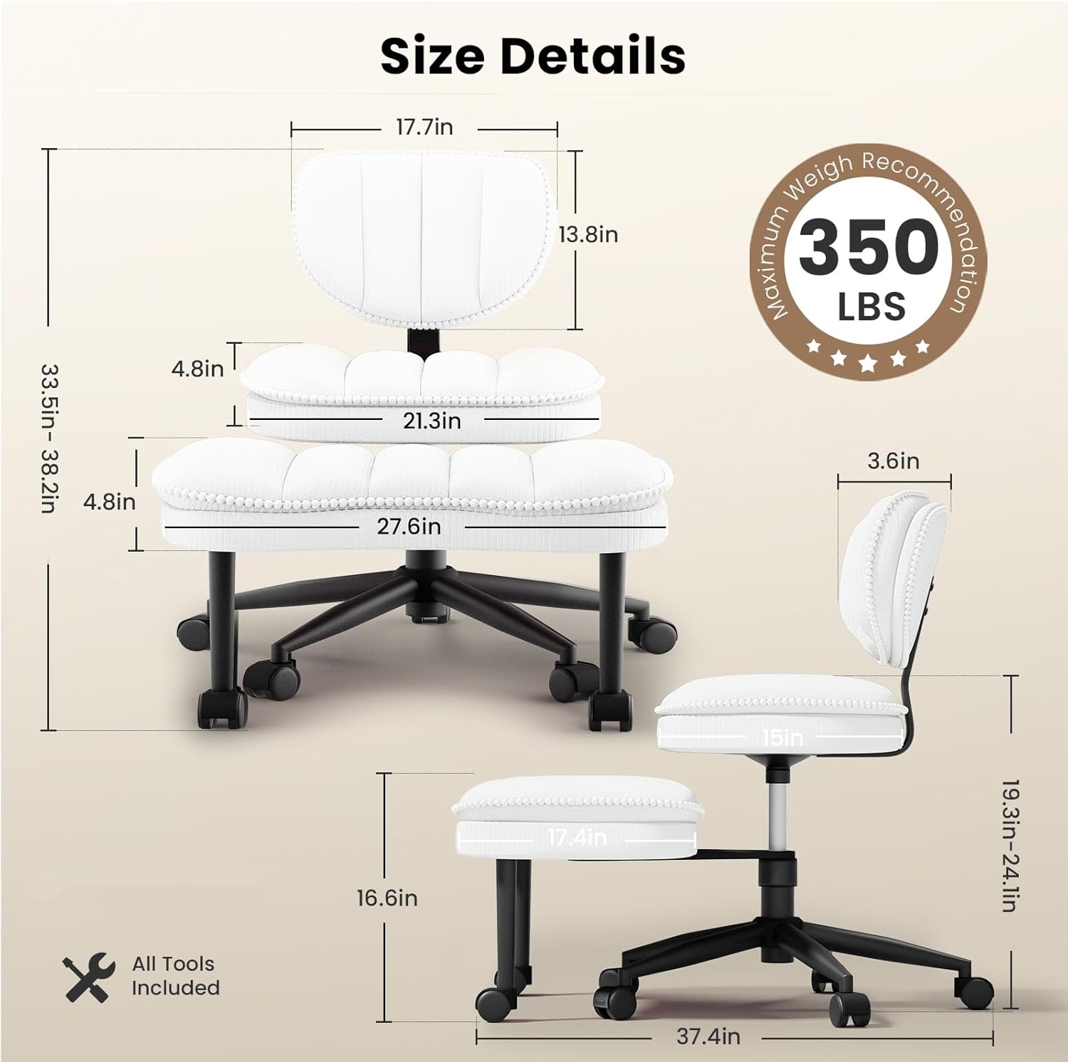 cross legged office chair, ergonomic cloud criss cross desk chair, meditation chair with wheels, height adjustable seat for adhd, wide kneeling chair with back support, corduroy fabric, white white cloudcush comfort