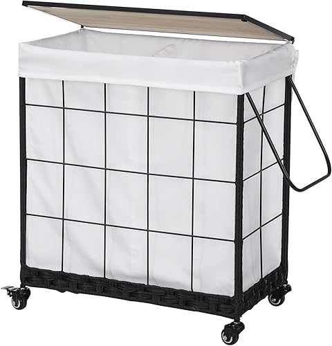 Durable Laundry Hamper with Removable Liner Bag, Heavy Duty Wheels, Wood Lid and Metal Handle - Clothes Sorter and Laundry Basket in White