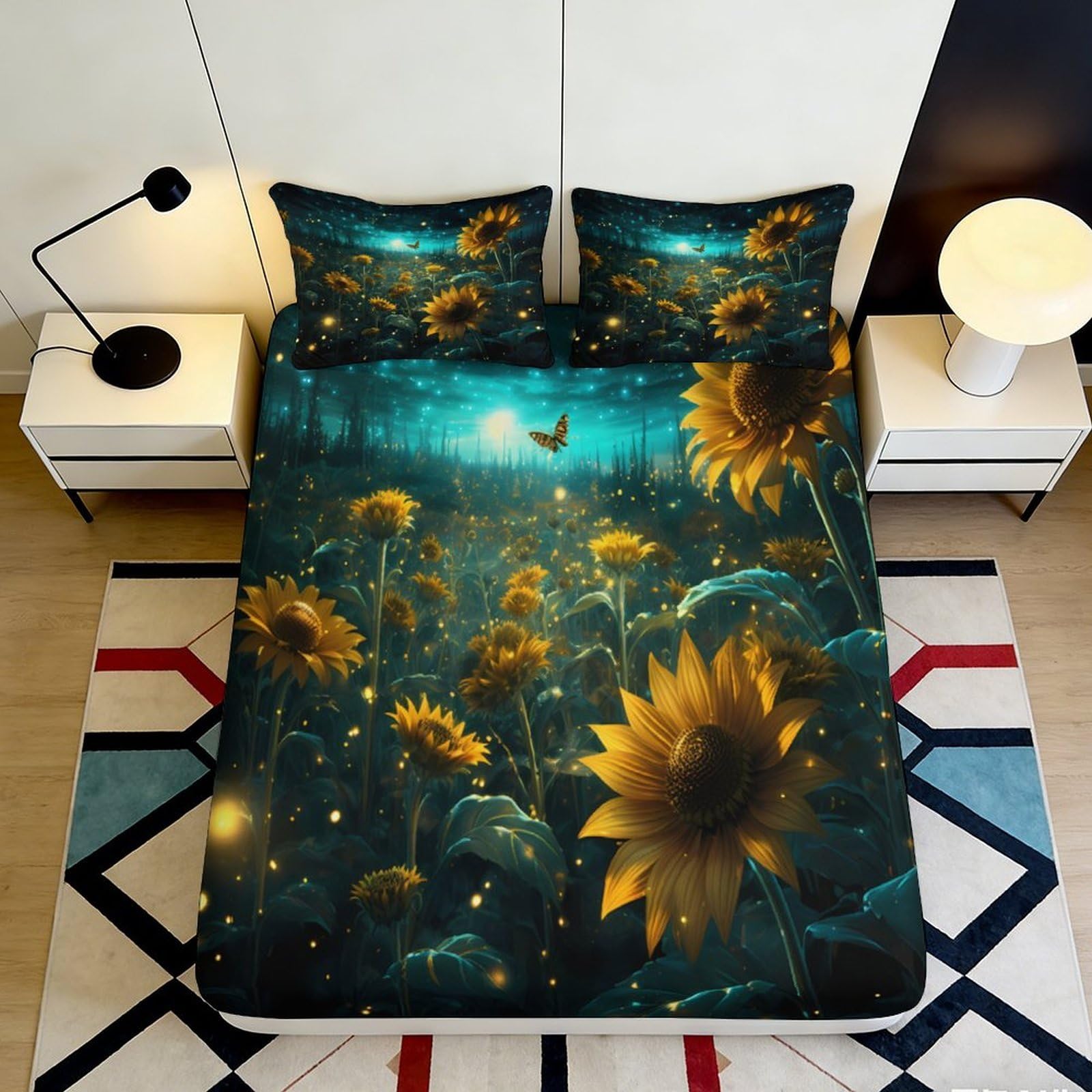 3D Printed Sunflower Fitted Sheet Microfiber Soft Breathable Starry Night Bed Cover Mattress Protection for Bedroom Dormitory Guest Room 120x200x25cm