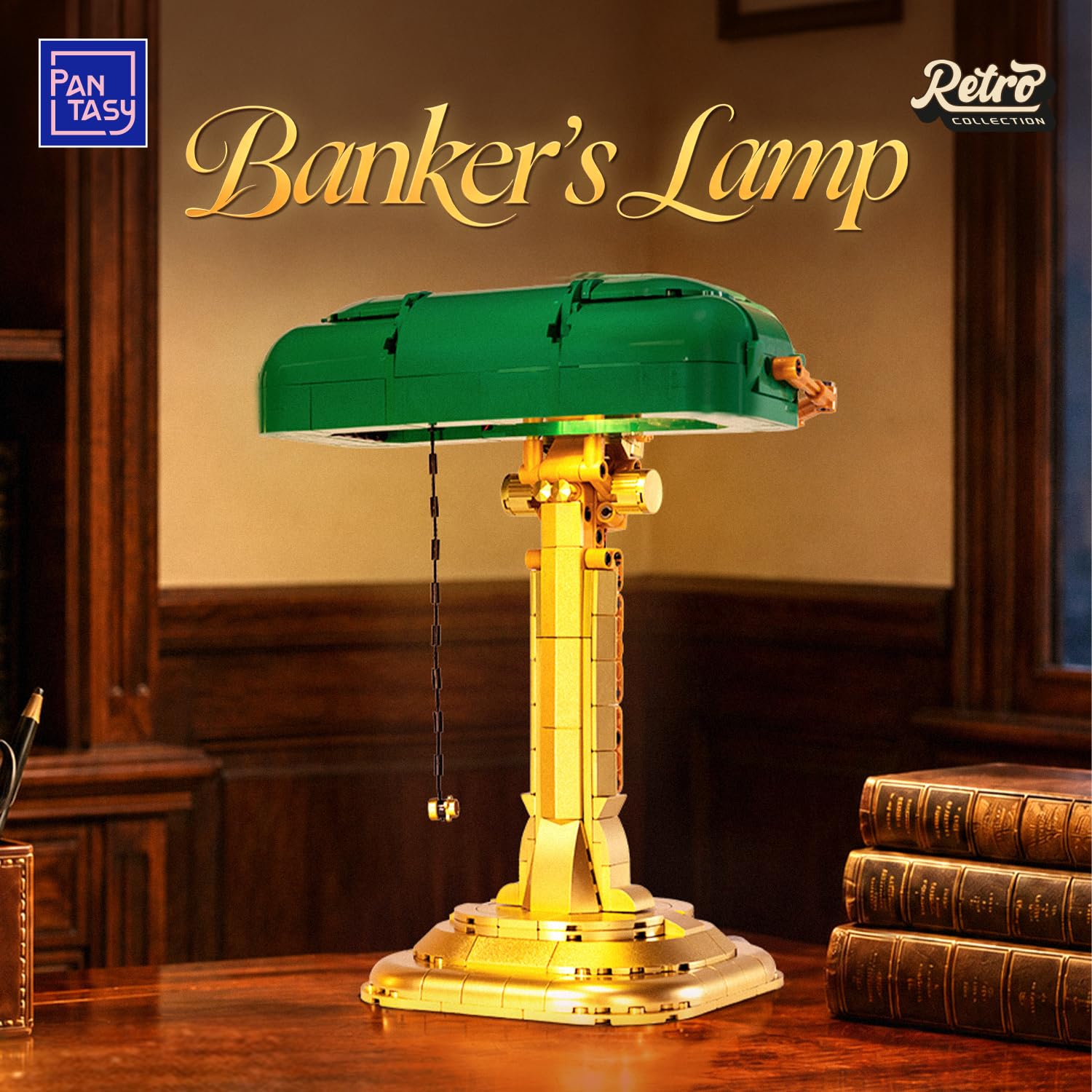 PANTASY Bankerlampe Bauset für Erwachsene, beleuchtetes Retro-Modell | Zugschalter mit Lichtfunktion und USB-C-Stromversorgung, grün-goldenes Retro-Display für Schreibtisch und Sammler