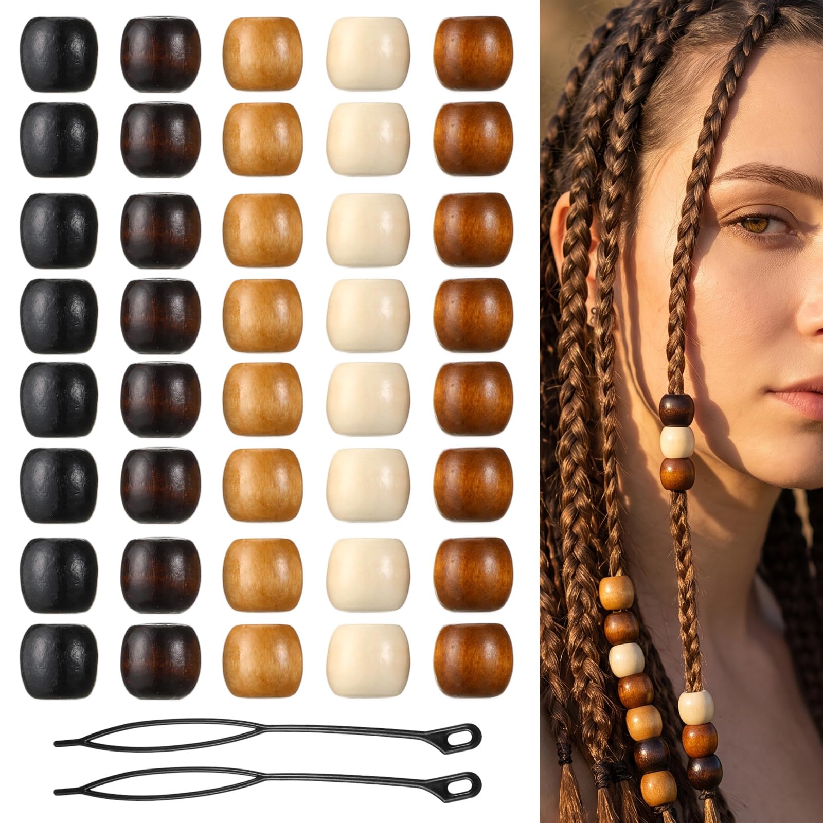 120 PCS Wooden Hair Beads for Braids, 5 Color Natural Wooden Beads for Hair