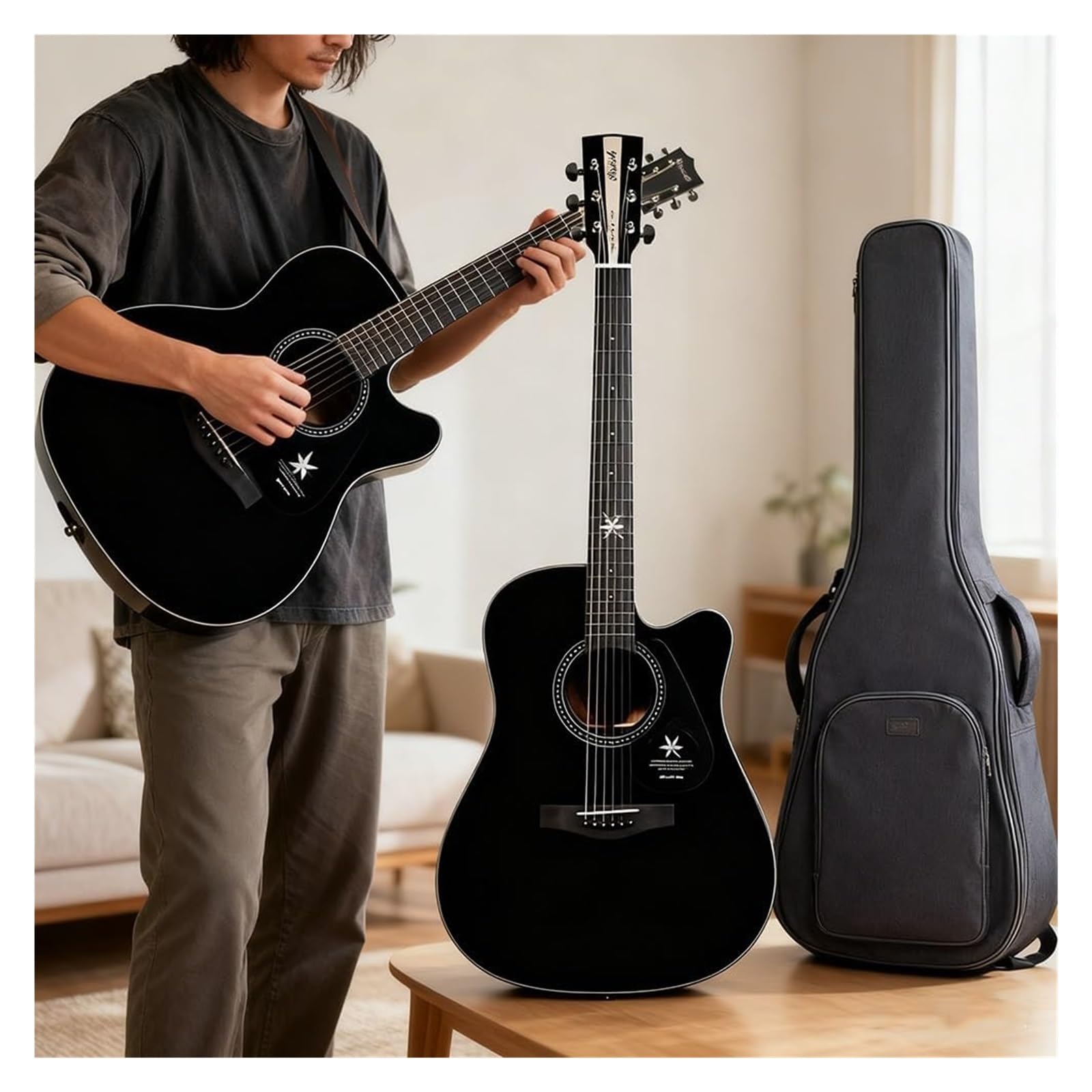 Chitarra acustica, confezione con borsa da concerto, plettri, corde e tracolla, 104 cm, top in abete dreadnought full size, per principianti, adolescenti e adulti (nero)