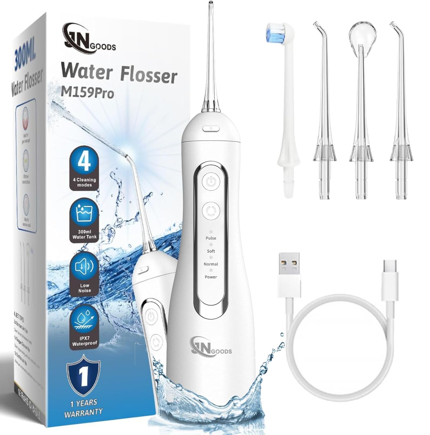 Cordless Water Dental Flosser Oral irrigator JNGOODS 300ml Rechargeable Water flosser for Teeth IPX7 Waterproof 4 Modes Portable