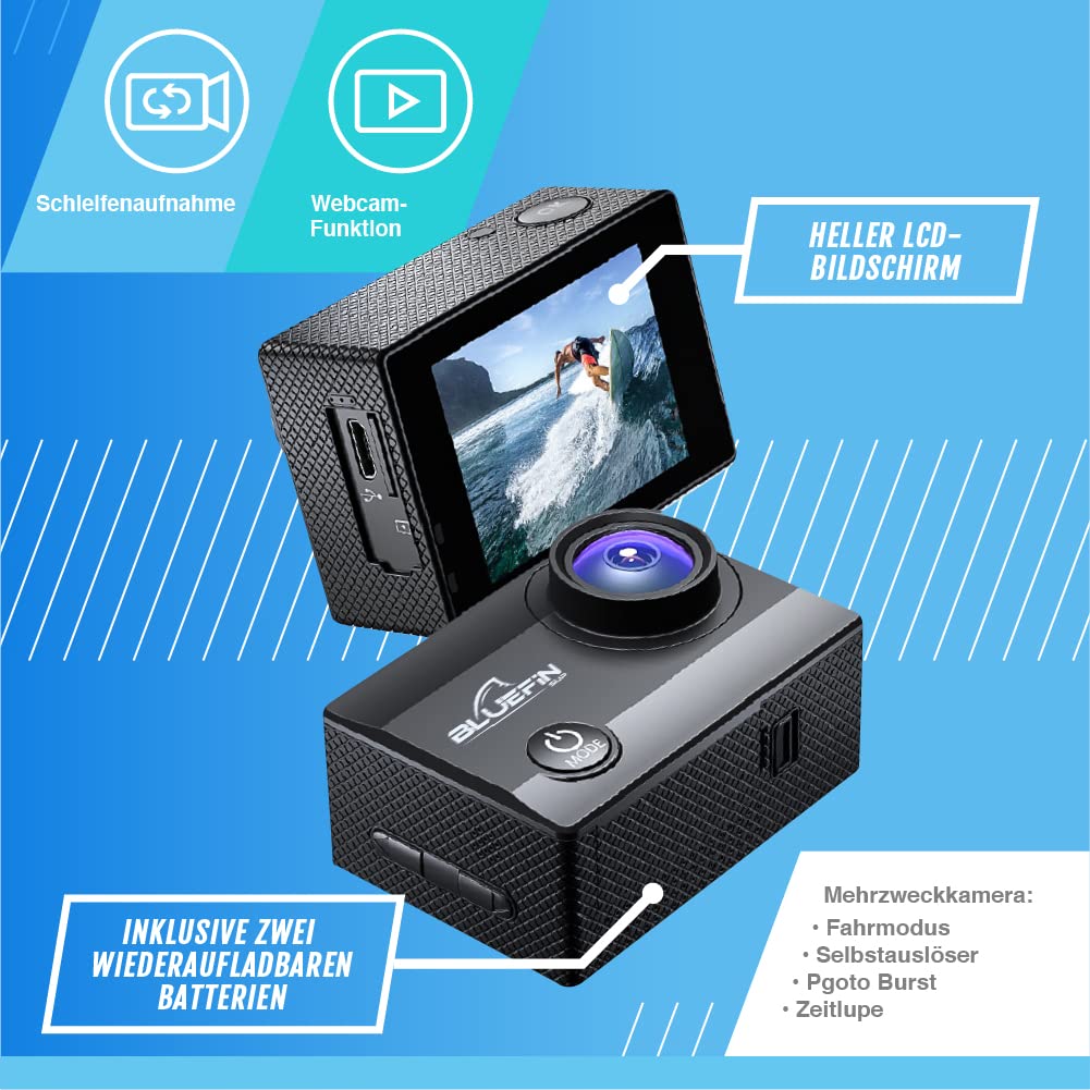 Bluefin C-Scape Action Kamera 4K | Full HD Video und Fotoauflösung | 1080p | 170° Fischaugenobjektiv | 30M Wasserdicht | LCD Bildschirm | WiFi Verbindung | Wiederaufladbarer Akku | Unterwasserkamera