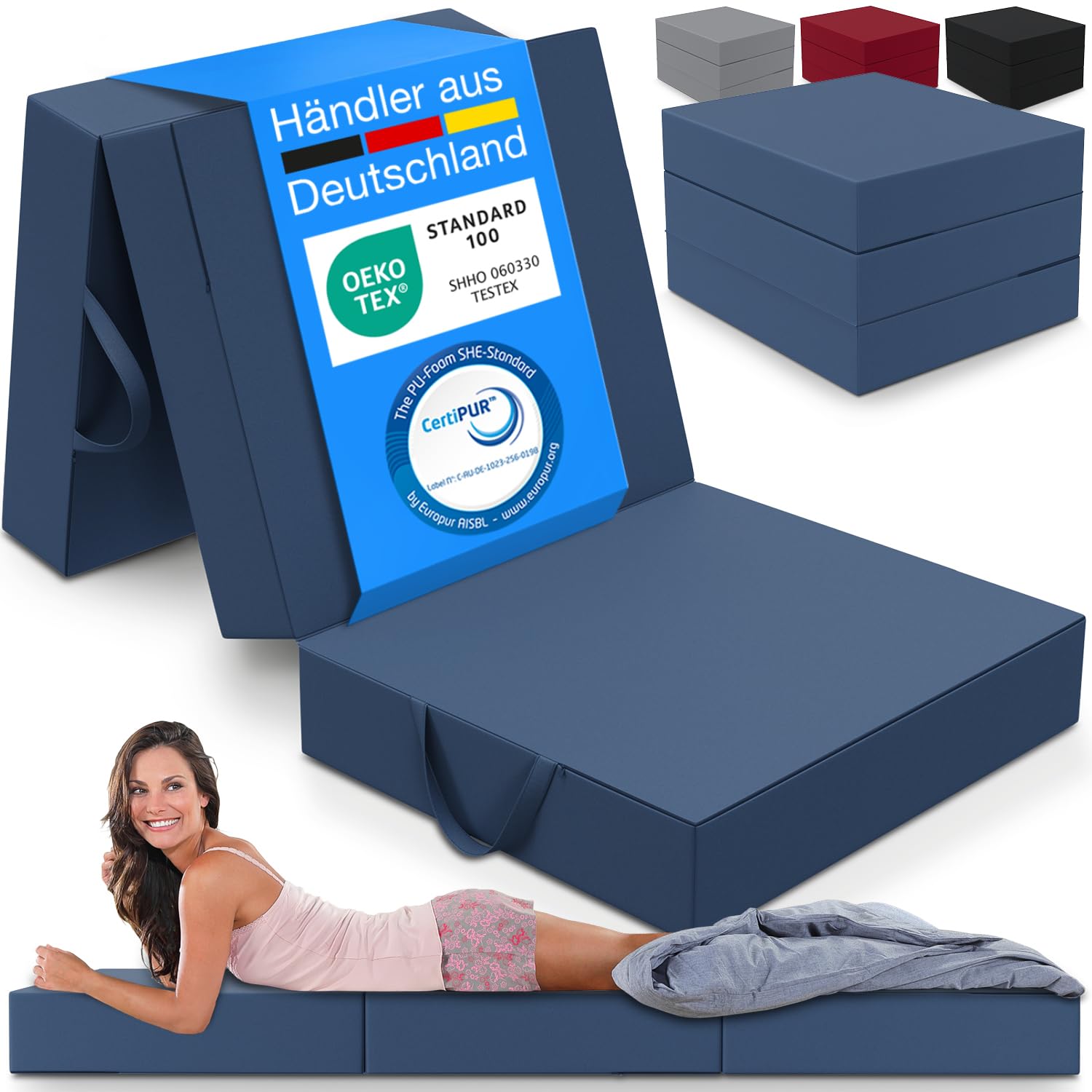 ELONEO Klappmatratze, Gästematratze, 3-teilige Faltmatratze, Schaumstoff extra dick (15cm), waschbar, Bandscheibenwürfel, klappbar, Faltbare Matratze, Erwachsene (Blau, 75 x 195 x 15 cm)