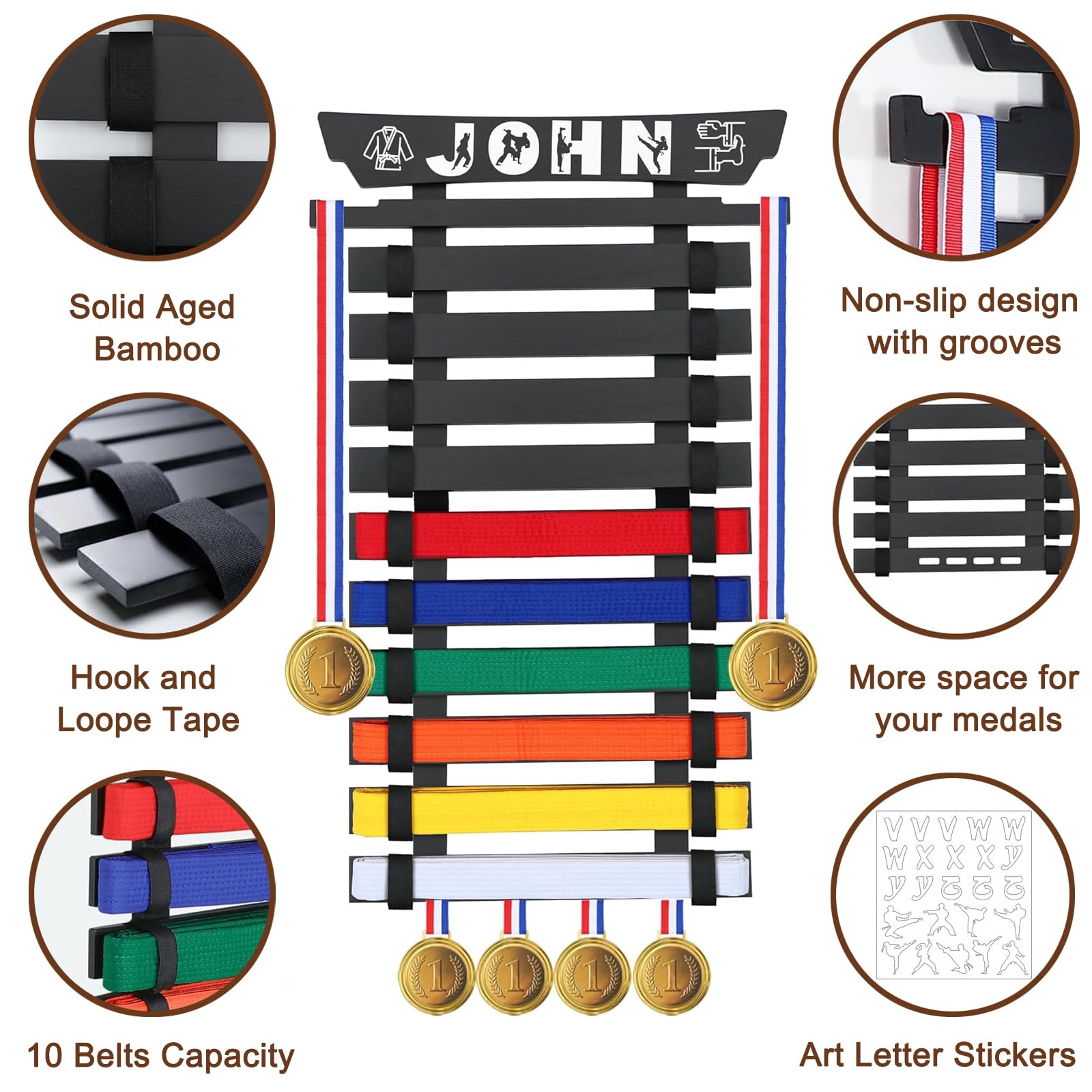 Présentoir de Ceinture de Karaté en Bambou pour 10 Ceintures, avec 3 Autocollants - Support de Ceintures d’Arts Martiaux pour Karaté Taekwondo - Idéal pour Les Apprenants d'arts Martiaux