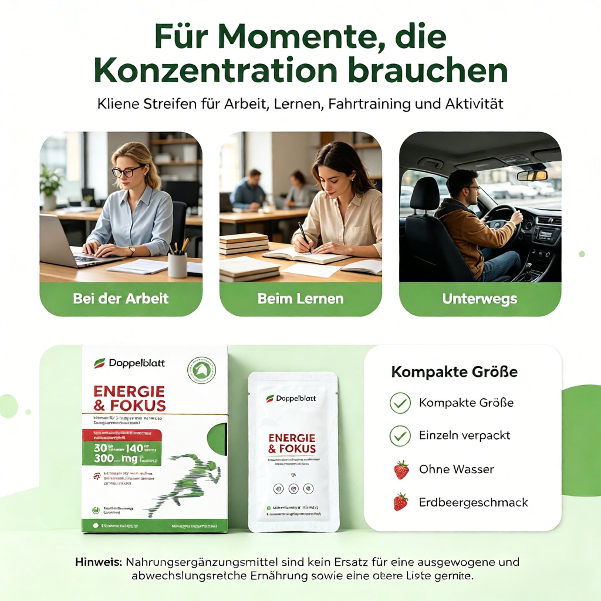 DoppelBlatt ENERGIE Mundlösliche Energie-Streifen mit Koffein, L-Theanin & B-Vitaminen, ohne Wasser für Sport, Büro und unterwegs, Zuckerfrei, Vegan, 20 Streifen（HC001-ENERGIE & FOKUS）