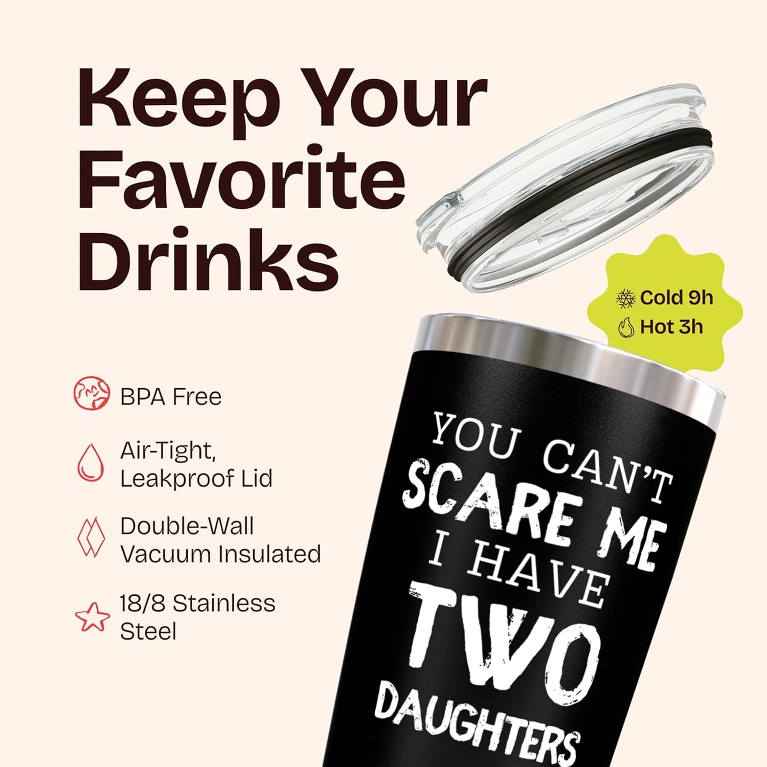 KLUBI Dad Gifts from Daughters - You Cant Scare Me I Have Two Daughters Tumbler Girl Dad Mug 20oz Stainless Steel Black Cup - Funny Gifts for Fathers Day, Stepdads - Husband Birthday Gift from Wife - Image 5