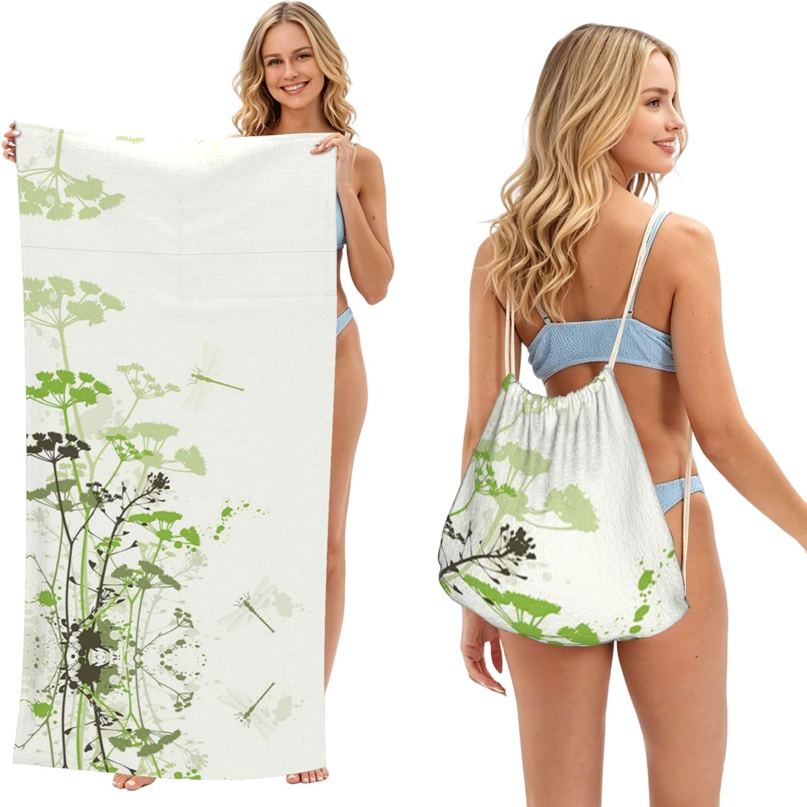 Ezdlowvba Black Foliage And Herbs With Dragonflies Winged Print Beach Towel Backpack 2 In 1 Summer Large Lightweight Beach Towel - Multifunctional Ship Pattern Towel Bag For Storage,Sport