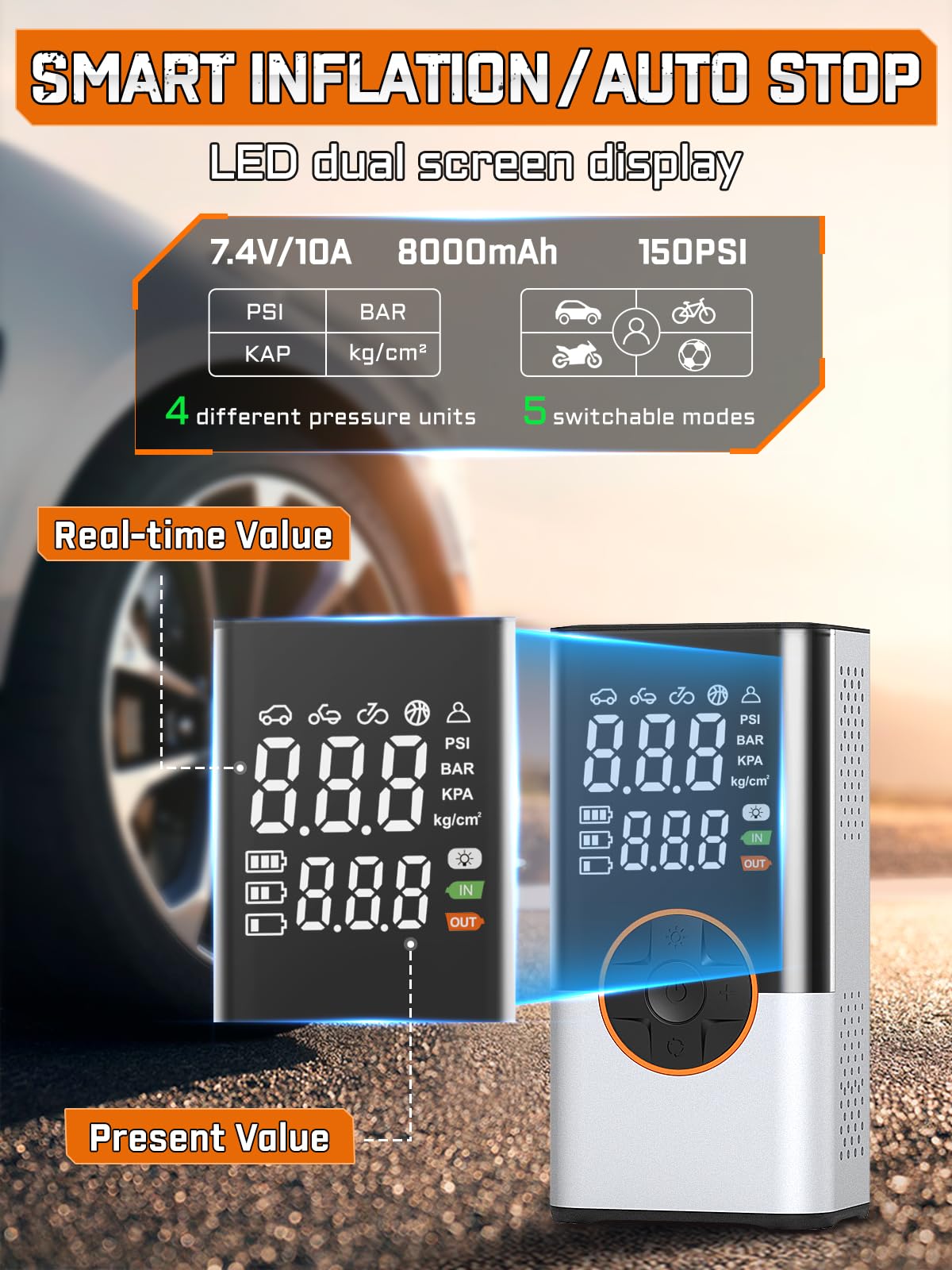 BIBURY Elektrische luchtpomp, 9000 mAh, elektrische fietspomp, 150 psi met 5 modi, accucompressor, draagbare fietspomp met digitaal led-display, ledlicht voor auto, motorfiets, fiets, ballen