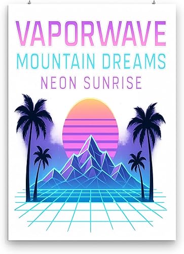 neonwave Mountain Art Poster - 13x19 - Gloss Paper Finish - Retro 80s Wall Decor for Gamer Rooms or Dorms