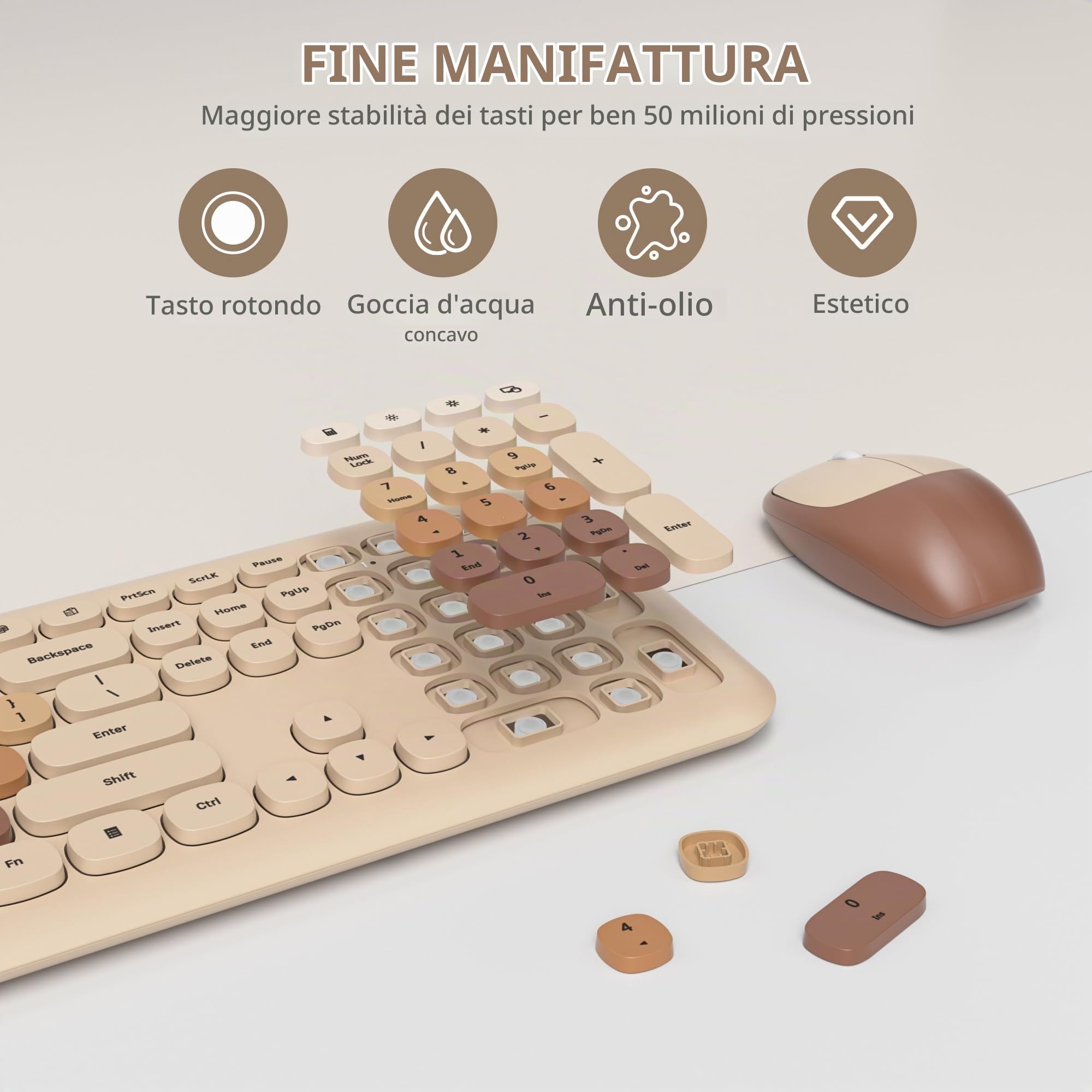 SOLIDEE Combo Tastiera e Mouse Wireless Colorato,tastiera per macchina da scrivere retrò 2.4GHz,104 Tasti con Tastierino Numerico,Tastiera a Membrana Silenziosa(Americana QWERTY)(Coffee)