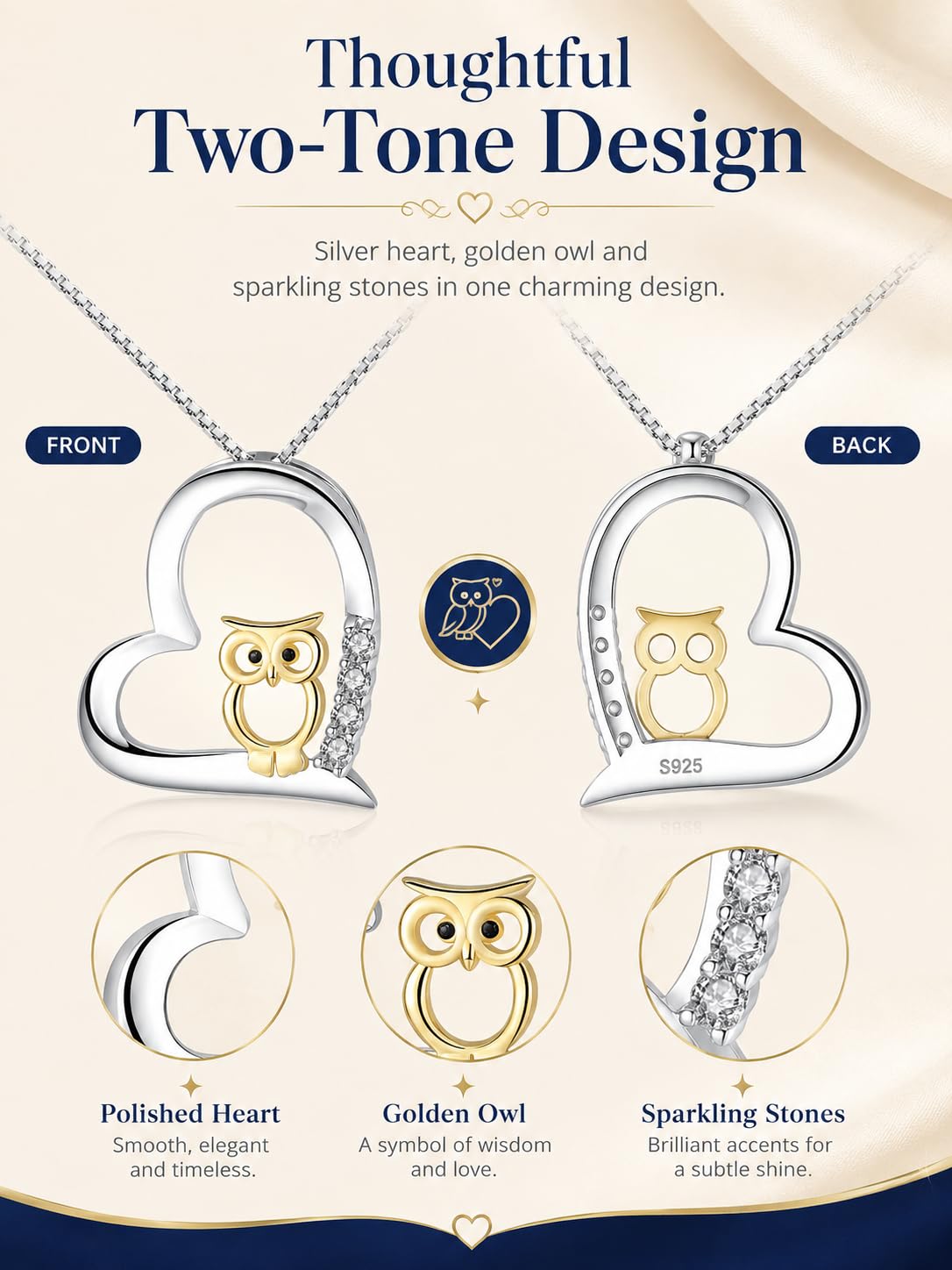 REDSUN 925 Sterling Silber Herz Eule Kette Damen 18K Vergoldet Two Tone Eulen Gold/Roségold/Schwarz Anhänger Schmuck Set für Freundin Frau Mutter Mädchen Tochter Geburtstag