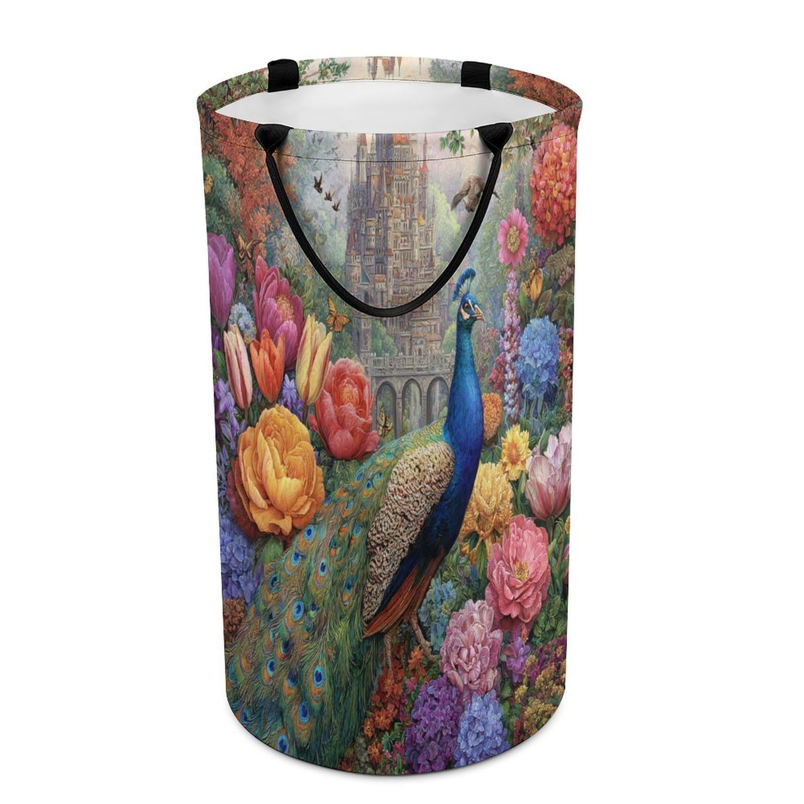 LUYYSKY Fantasy Elegant Birds Peacocks Versatile Storage Laundry Basket, Retro Watercolor Castles Animals Peacocks Plants Flowers Large Capacity Bathroom Hamper With Handle
