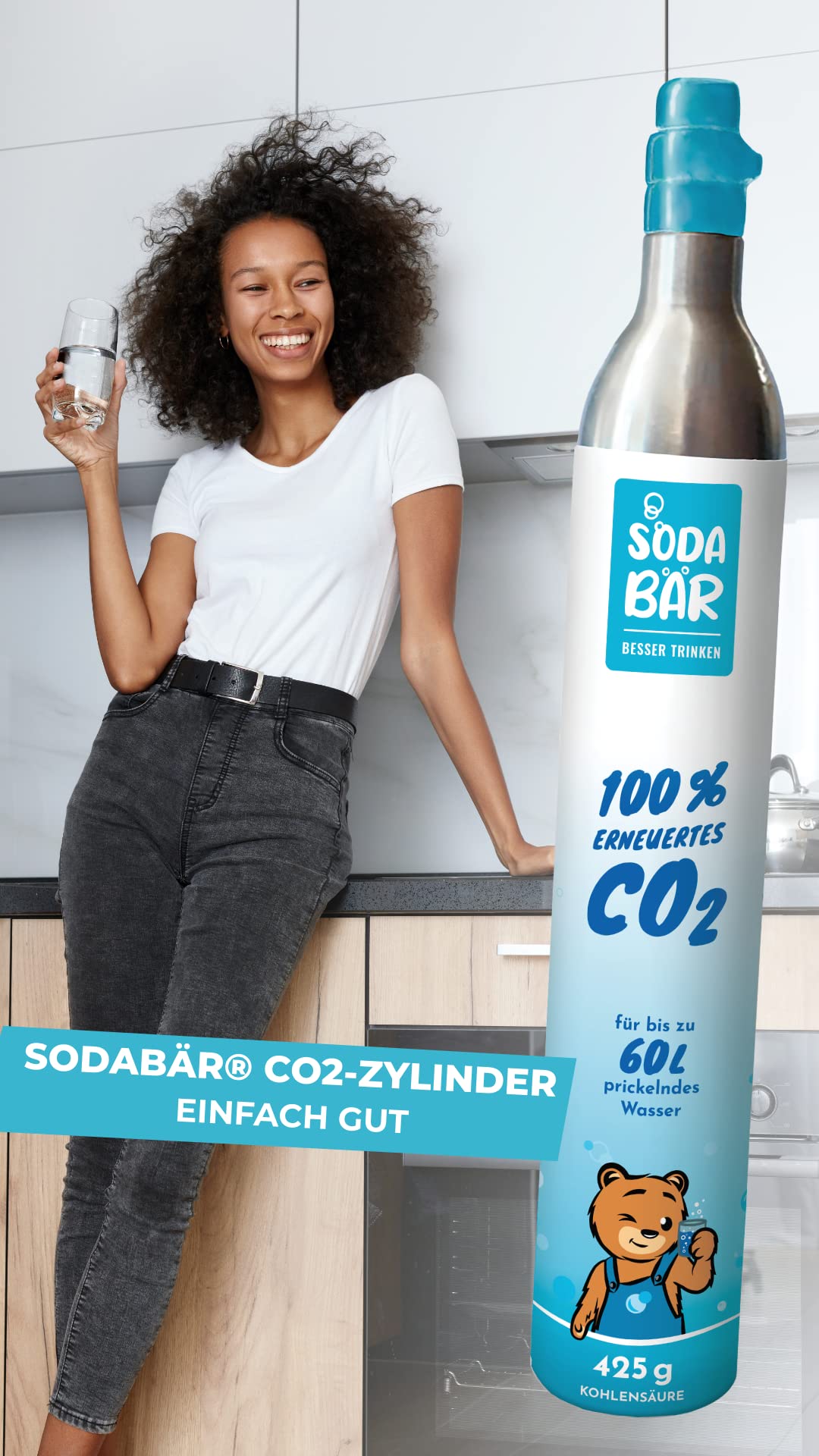 SodaBär CO2-Zylinder für SodaStream Geräte, 4 x 425 g (60 L) – Austauschzylinder mit Kohlensäure von Linde, TÜV-geprüft – nicht kompatibel mit Quick Connect