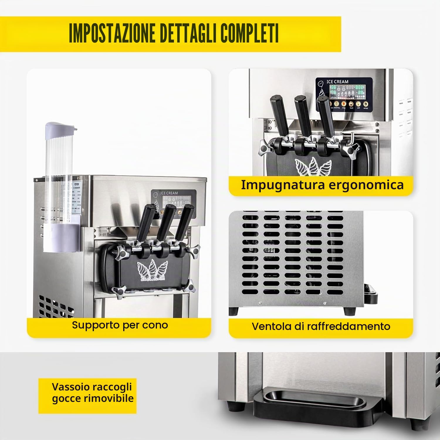 Macchina per Gelato Commerciale 18L/H 3 Sapori, 1200W macchina gelato soft professionale, Pannello LCD, Pre-Raffreddamento Pulizia Automatica, per Yogurt Caffè Snack-Bar Ristorante