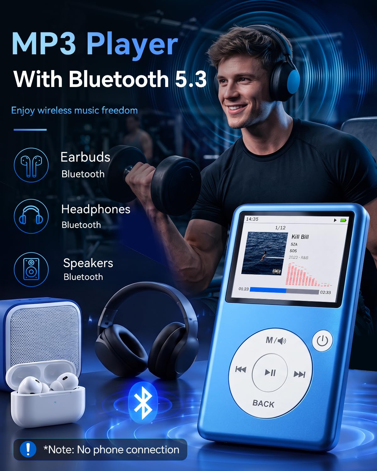 MP3 Player Bluetooth 5.3, HiFi verlustfreier Sound, Click-Rad tragbarer Musikplayer für Kinder und Erwachsene, FM Radio, Sprachrekorder, Video, 8GB intern erweiterbar auf 128GB, 16h Akku (Blau)