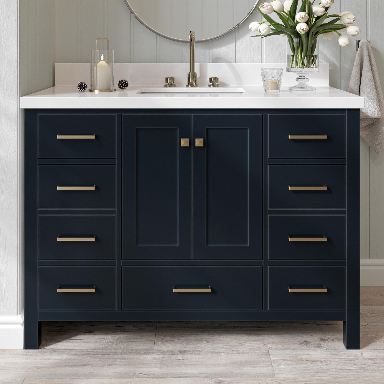 ARIEL Cambridge 48-inch Bathroom Vanity with Sink,Solid Wood, 1.5-inch Pure White Quartz Countertop, Single Rectangular Porcelain Sink, 2 Soft Closing Doors, 9 Dovetail Drawers, Midnight Blue