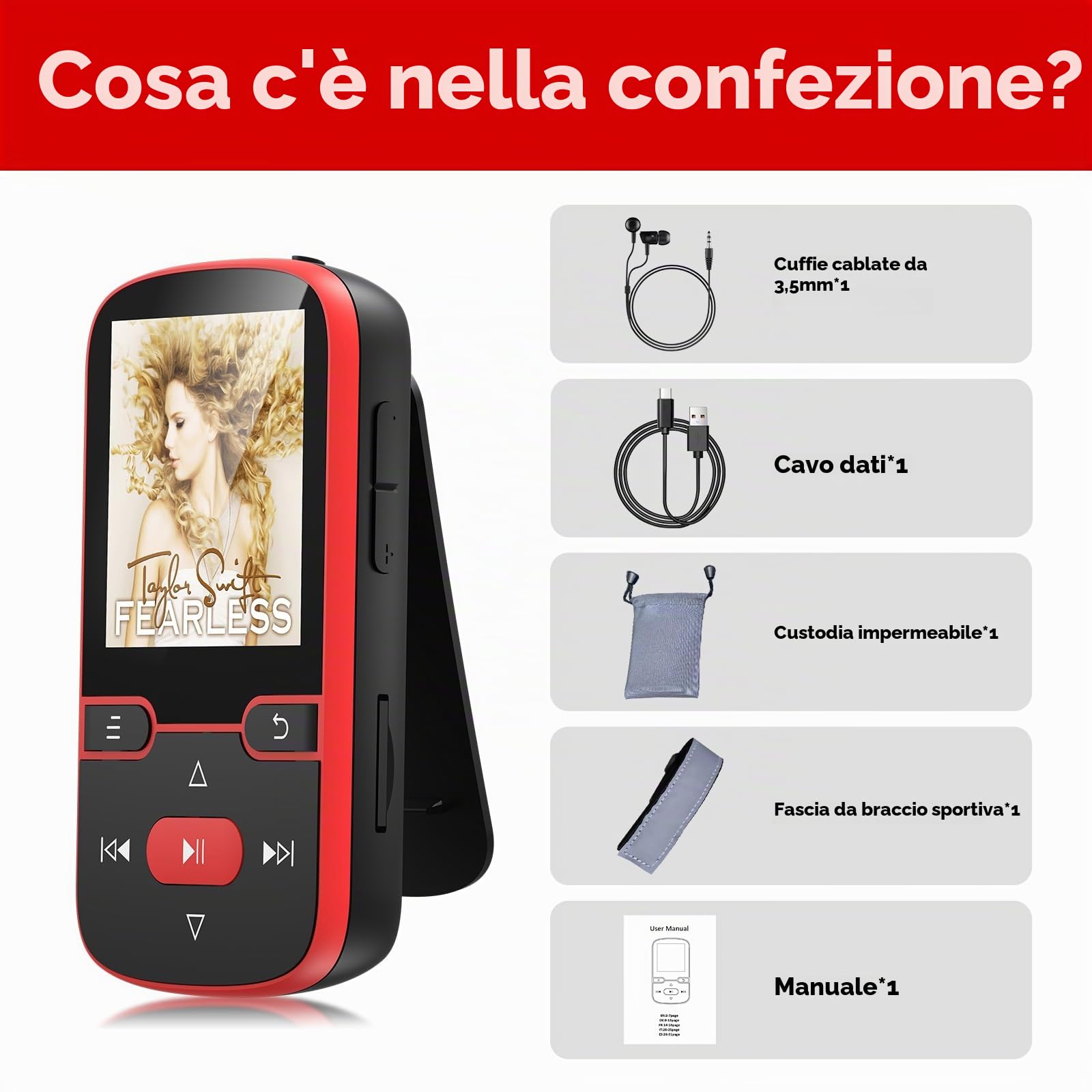 64 GB Lettore MP3 con Bluetooth 5.3, Music Clip Sport, schermo TFT da 1,5". | Solo 28 g di luce con clip per lo sport, radio FM, registrazione vocale, ripetizione casuale e di brano, pulsanti fisici