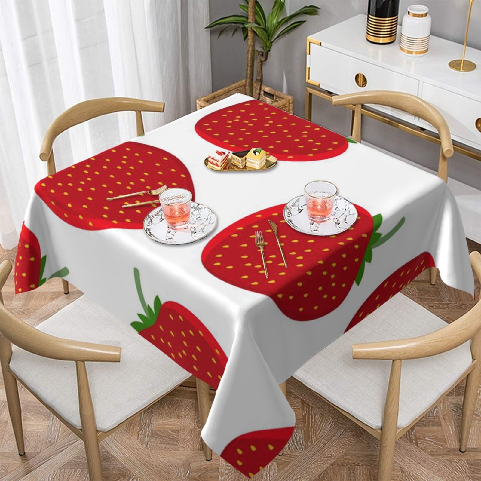 DCEHGEW Strawberry Prints Square Tablecloth 152x152 CM, Waterproof Fabric Table Cloth for Dining Table, Farmhouse Table Cover for Kitchen Dining Tabletop Decoration