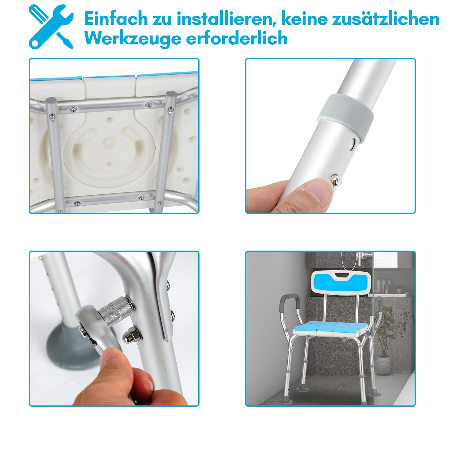 Taboret prysznicowy 36-52 cm, z regulacją wysokości, krzesło prysznicowe z podłokietnikami, stabilne siedzisko prysznicowe, antypoślizgowe siedzisko prysznicowe, taboret łazienkowy dla seniorów