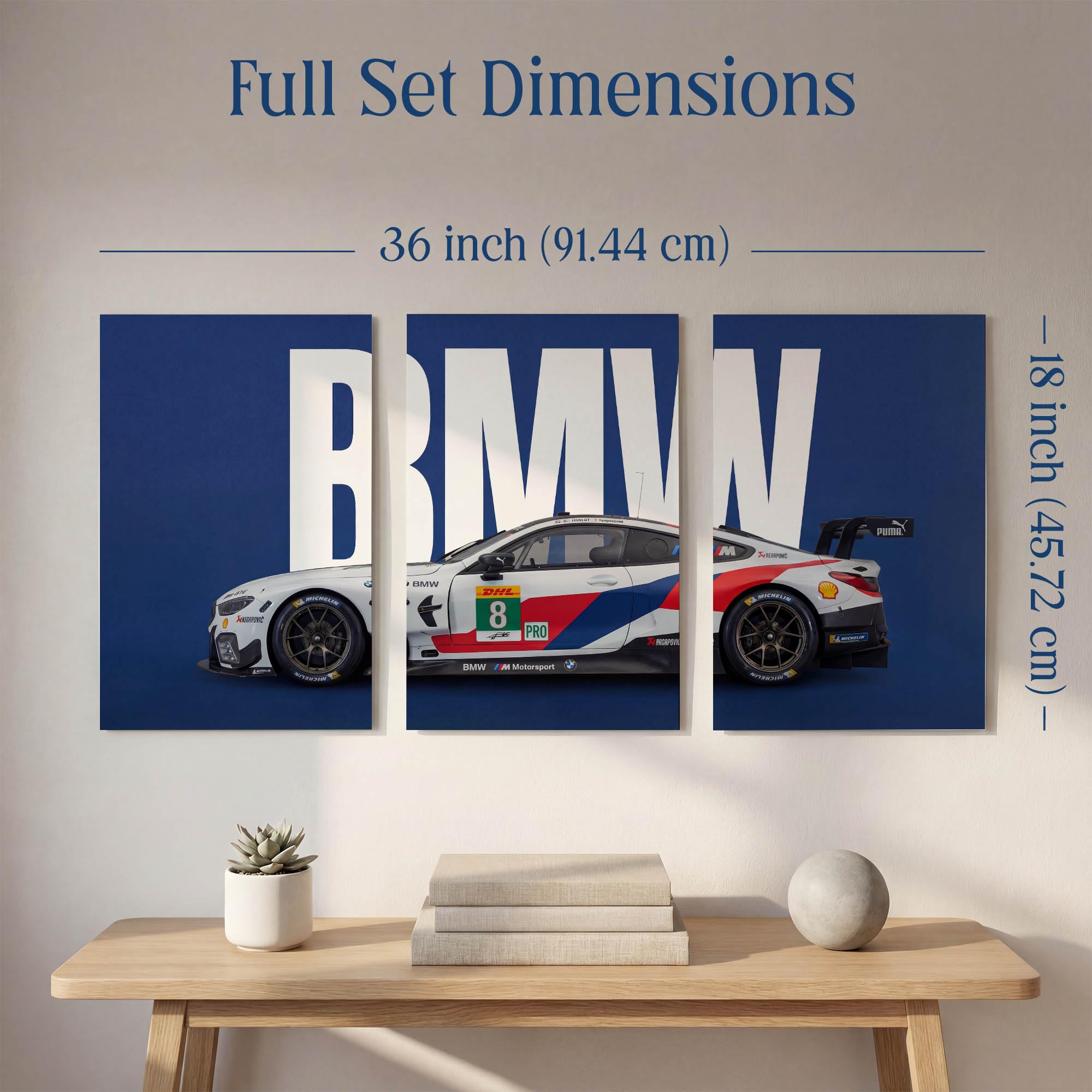 SoulAbiti 3-Piece Split Style Le Mans & GT Racing BMW M8 Wall Art Printed Posters - Large Endurance Motorsport Livery Triptych Posters - Garage, Study Room & Gaming Decor