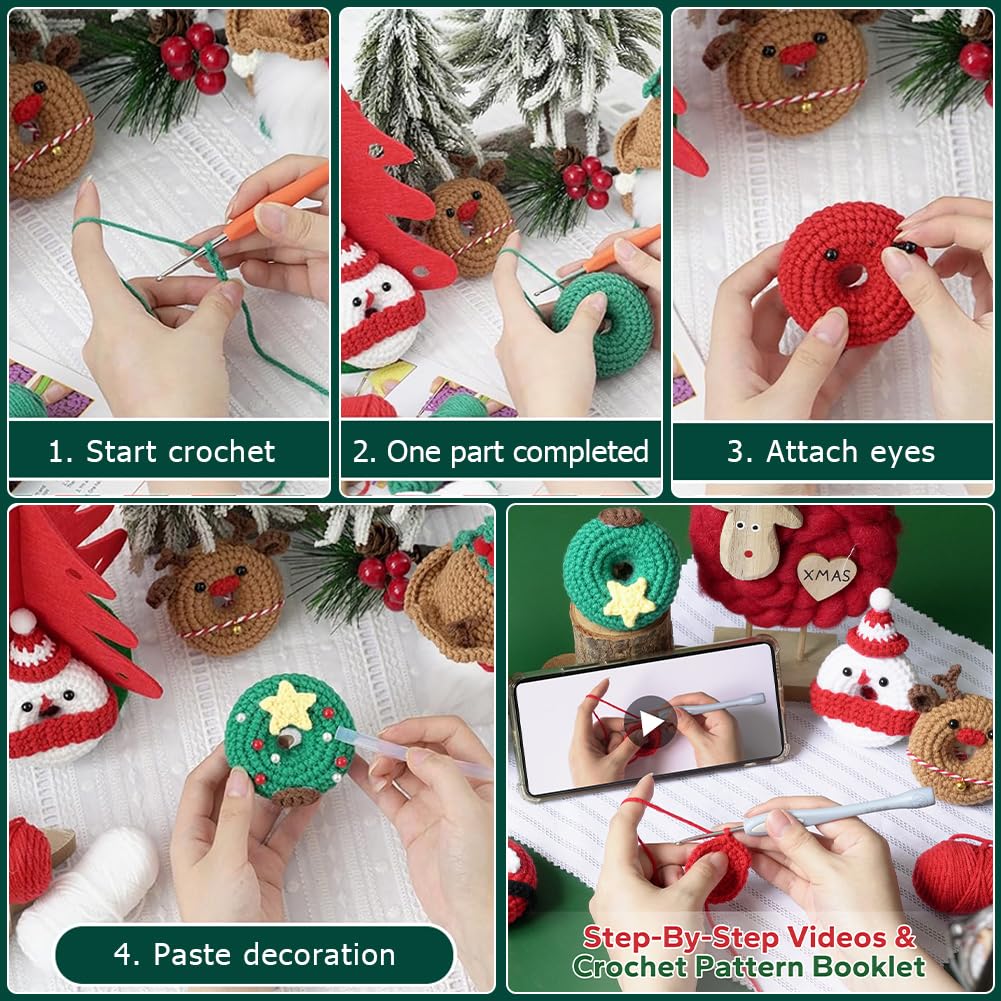 SUNNYCLUE Christmas Crochet Kits Xmas Snowman Elk Santa Claus Crochet Starter Kit Step-By-Step Video Tutorials Instructions Complete Crochet Kit for Beginners Adults DIY Knitting Gift Supplies - Image 4