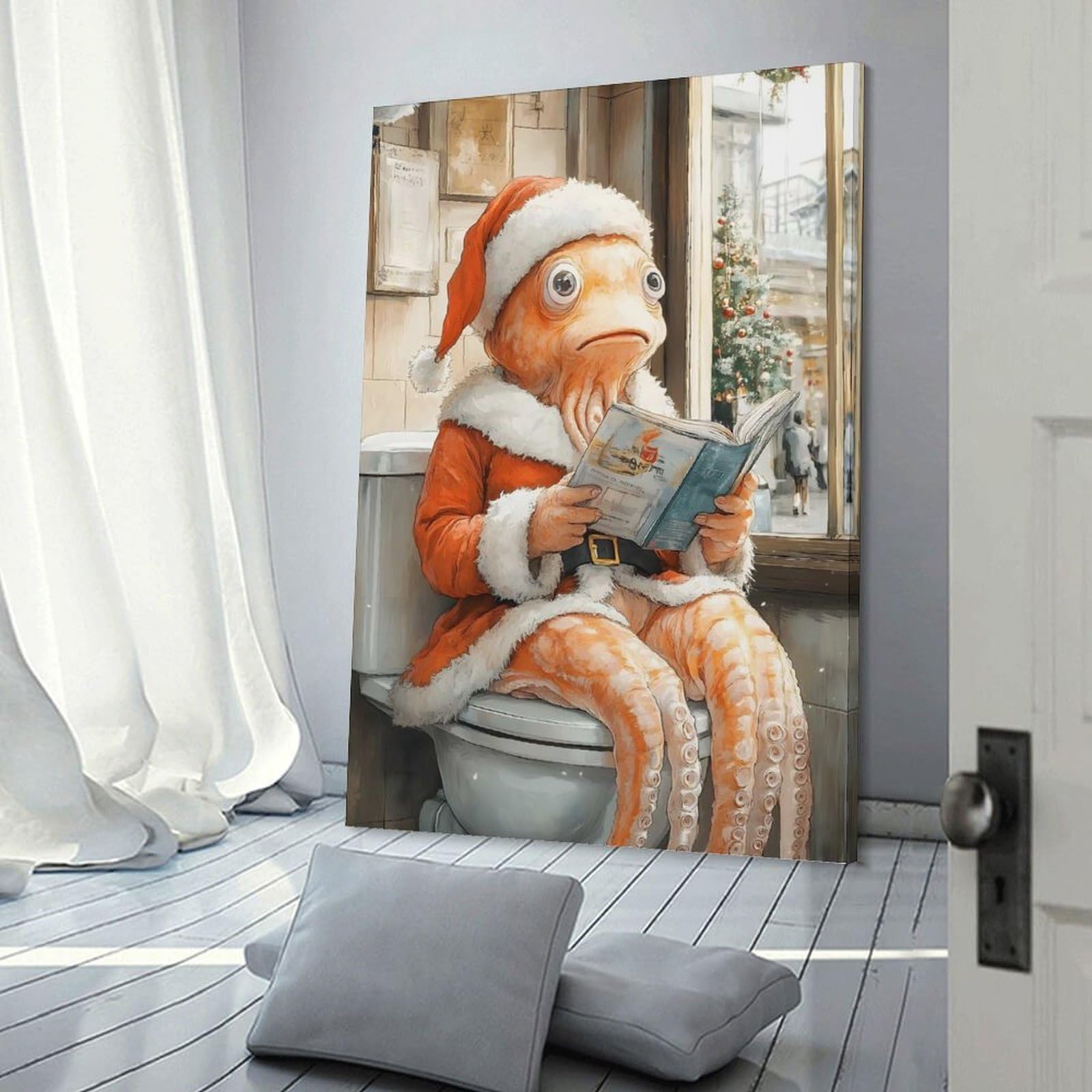 Junmoney Home Decor Wall Art Octopus Santa on Toilet, 08x12inch(20x30cm), for Gallery Wall Decor And Room Displays, An Easy Match for Collected Prints