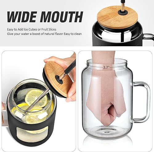 Miniatura 10 de WINSA Vaso de vidrio con tapa de bambú y popote, botellas de agua de vidrio de 32 onzas con marcador de tiempo, taza de café helado con asa, tazas