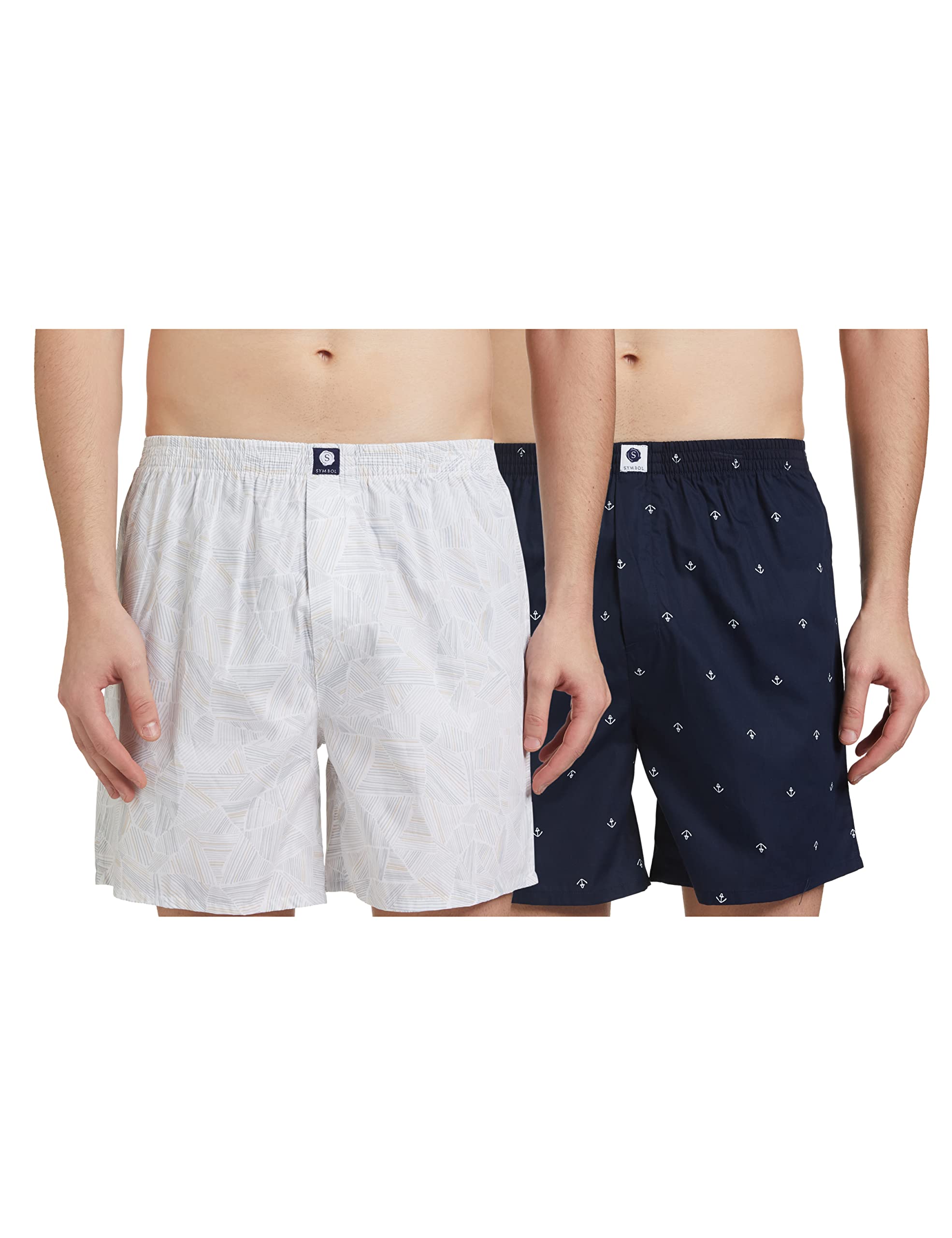 Amazon Brand - Symbol Men's Cotton Printed Boxer Shorts (Combo Pack of 2) Casual | Underwear | Half Pants | Short Pant - Regular Fit with Back Pocket