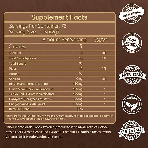 Miniatura 5 de Café de hongos (72 porciones)  Café instantáneo orgánico en polvo con hongo de melena de león, reishi, cordyceps, chaga y cola de pavo  Alternativa