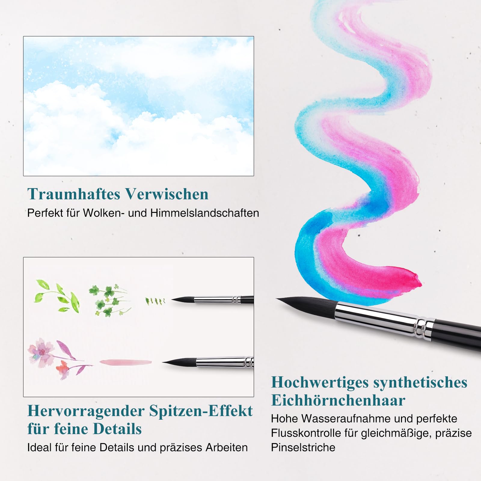 Aquarellpinsel Set - 9 Stück Premium Synthetisches Eichhörnchenhaar Rund Pinsel Set für Aquarell, Tempera | Ausgezeichnete Farbtragekapazitöt | Professionell Künstler Aquarellpinsel, Watercolor Brush