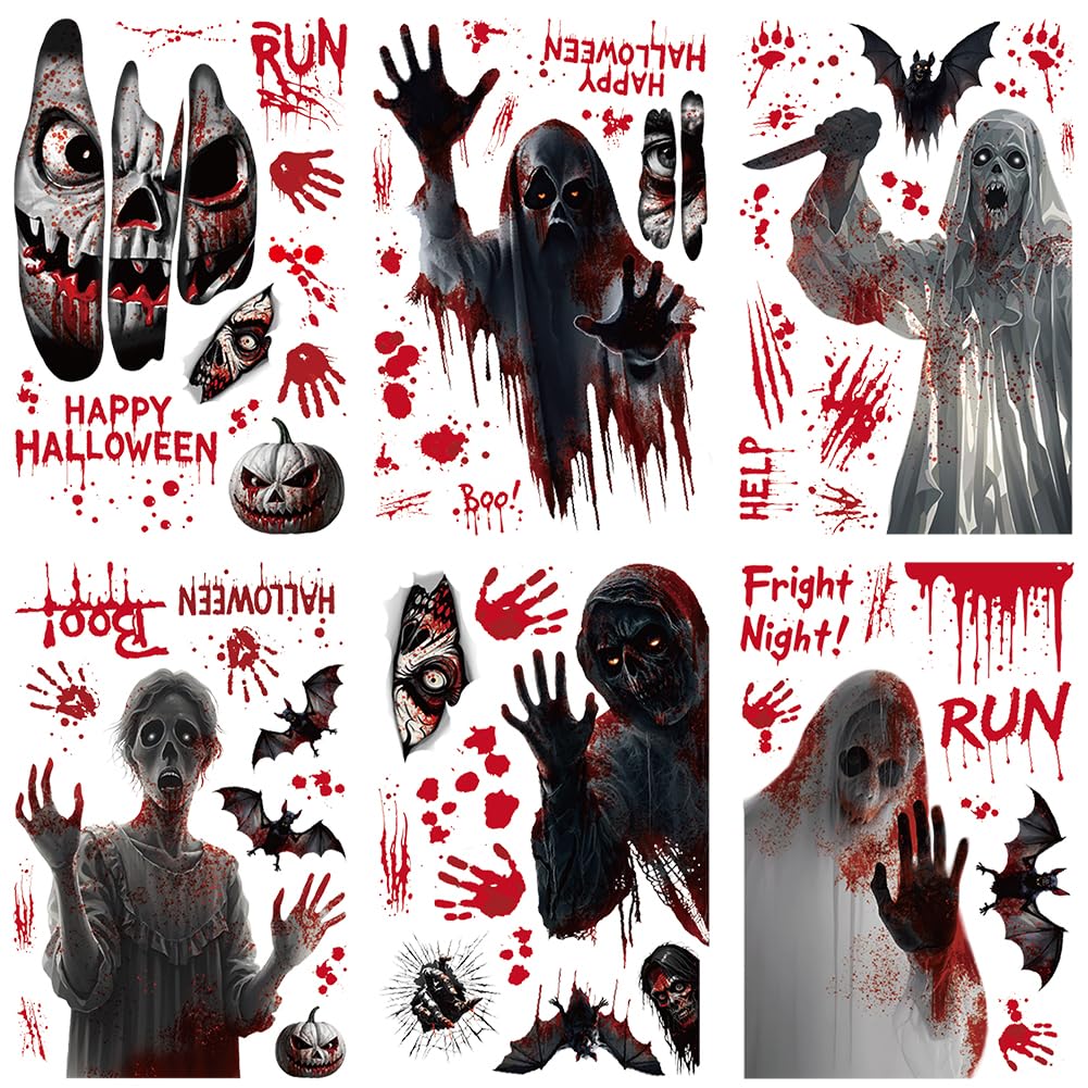 WFKKMEQ Double Sided Halloween Window Decals, Halloween Scary Window Decorations, Removable Electrostatic Window Sticker, Scary Accessories for Party, Party Decor Supplies (6 Sheets)